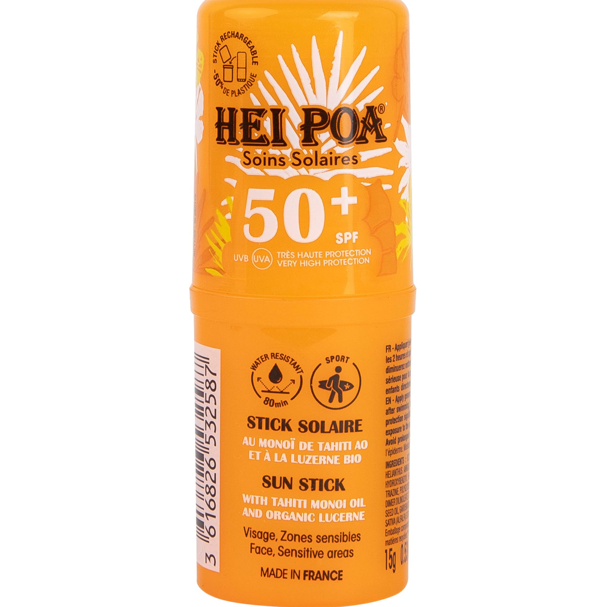 Hei Poa Hei Poa Soins Solaires Sun Stick Spf50+ Αντηλιακό Stick Πολύ Υψηλής Προστασίας για Πρόσωπο & Ευαίσθητες Περιοχές 15g