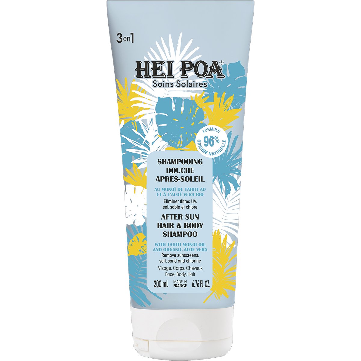 Hei Poa After Sun Hair & Body Shampoo Monoi & Aloe Vera Σαμπουάν & Αφρόλουτρο για Μετά τον Ήλιο Κατάλληλο για Πρόσωπο, Σώμα & Μαλλιά με Οργανική Αλόη Βέρα 200ml