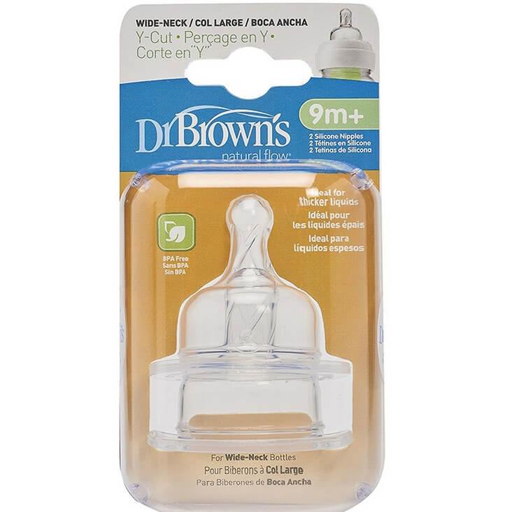Dr. Browns Θηλές Σιλικόνης για Μπιμπερό με Φαρδύ Λαιμό Με Φαρδιά Τομή σε Σχήμα Υ για Παχύρρευστη Τροφή 2τεμ.9m+,362-GB