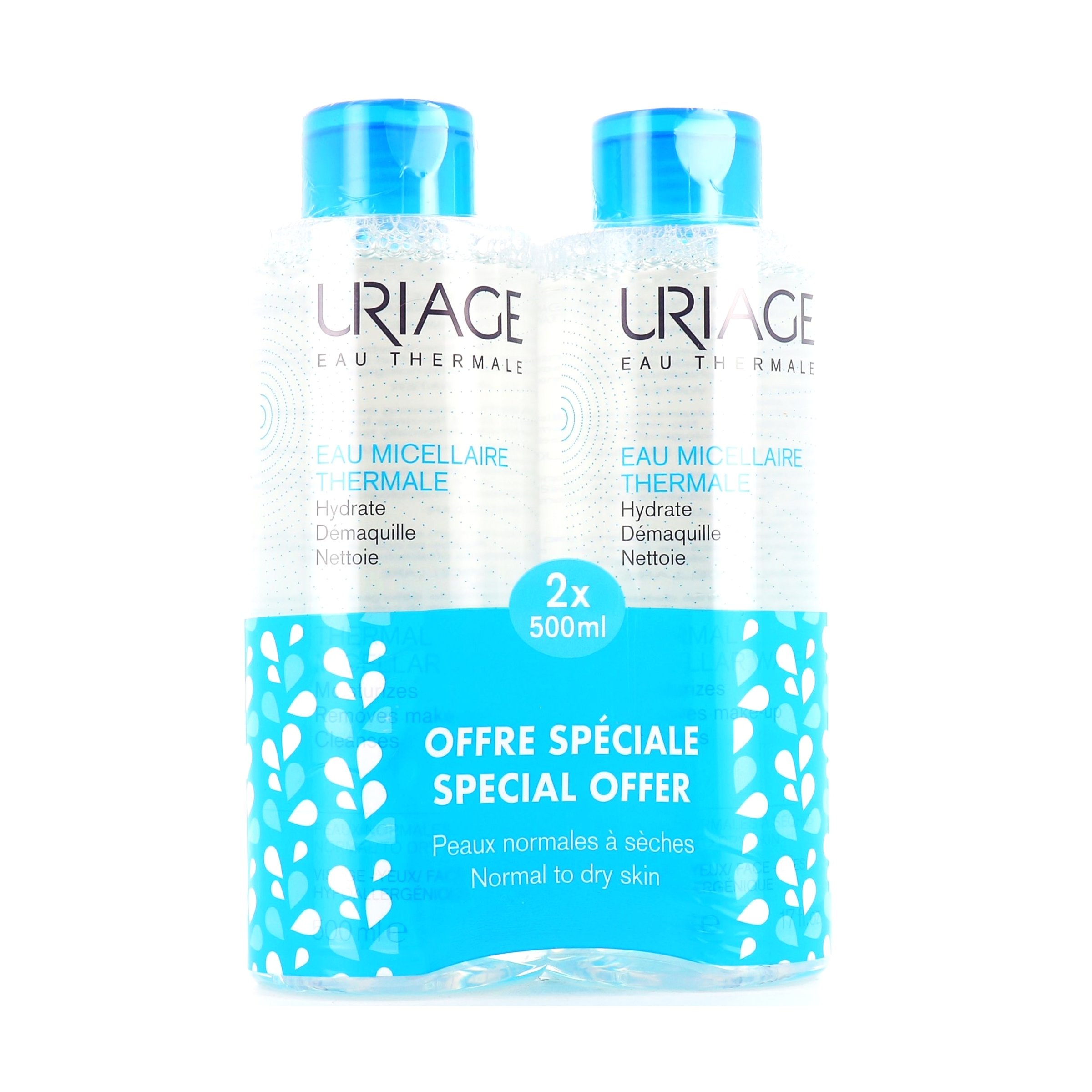 Uriage Promo Eau Thermale Micellaire Sensitive Skin Αφαιρεί Τέλεια το Μακιγιάζ για Κανονικές Ξηρές Επιδερμίδες 2x500ml