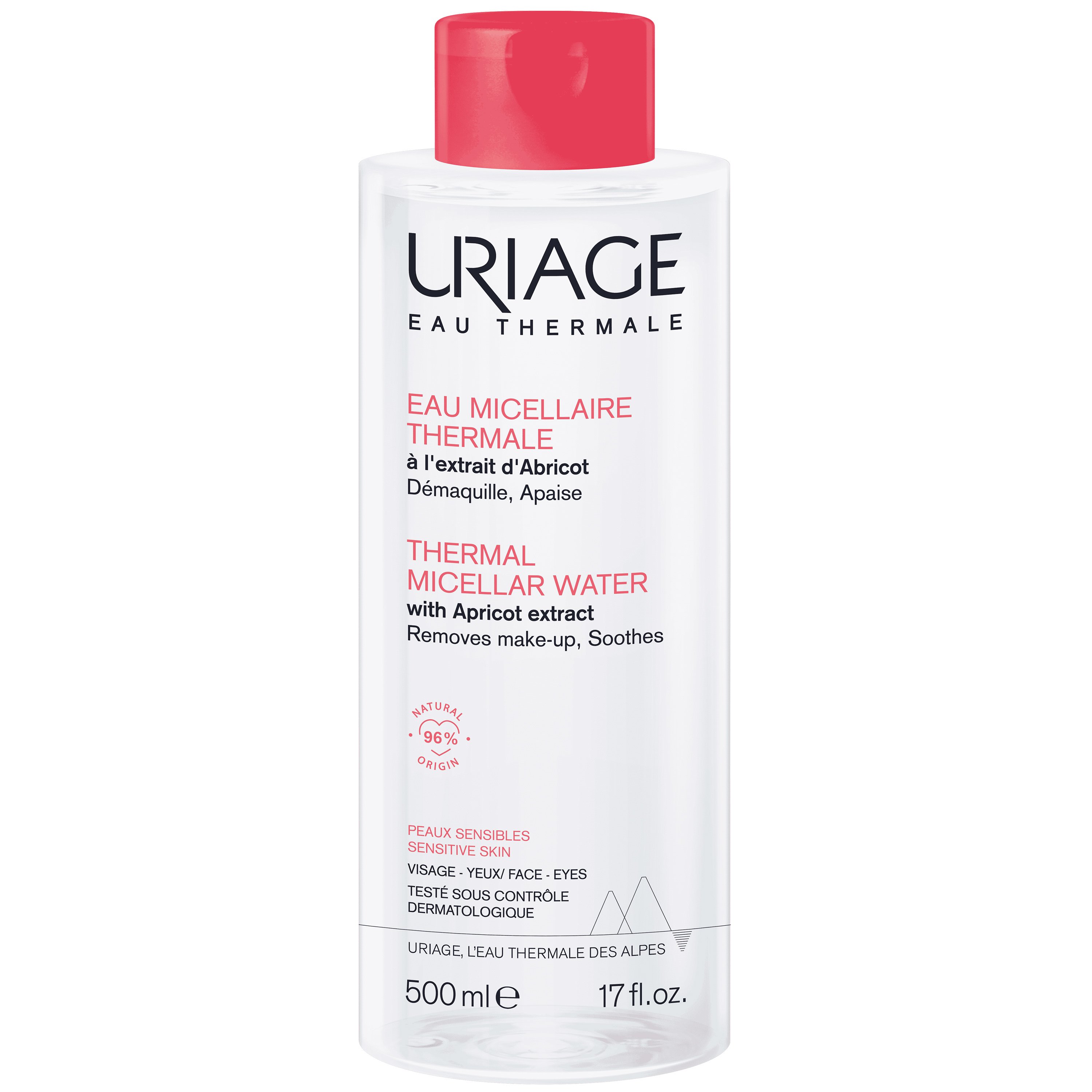 Uriage Uriage Thermal Micellar Water with Apricot Extract Ιαματικό Μικυλλιακό Νερό για Ντεμακιγιάζ με Βερίκοκο, Κατάλληλο για Ευαίσθητες Επιδερμίδες 500ml