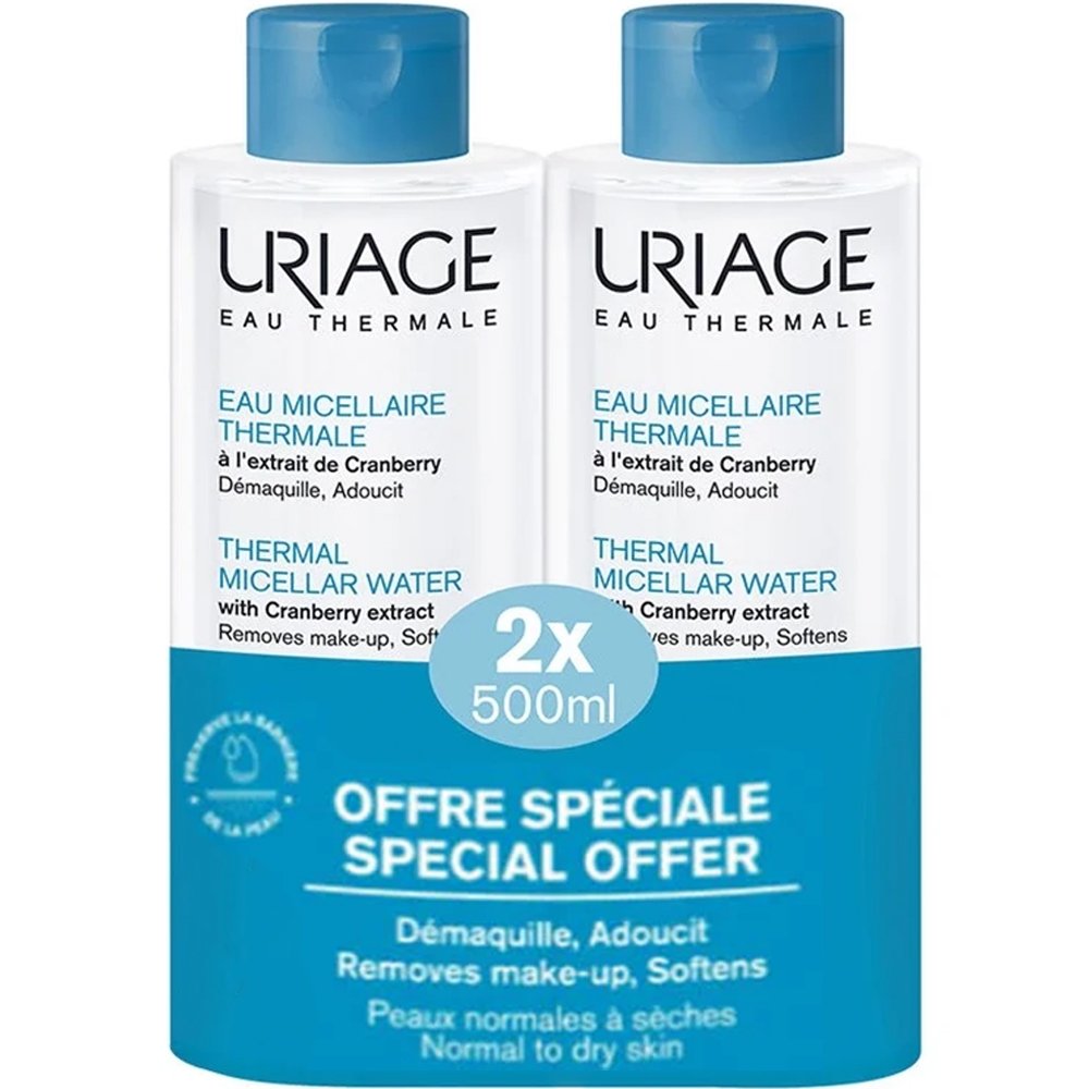 Uriage Promo Eau Thermale Micellar Water with Cranberry Extract Normal to Dry Skin Ιαματικό Μικυλλιακό Νερό Προσώπου - Ματιών για Καθαρισμό & Ντεμακιγιάζ, Κατάλληλο για Κανονική προς Ξηρή Επιδερμίδα με Εκχύλισμα Cranberry 1Lt (2x500ml)