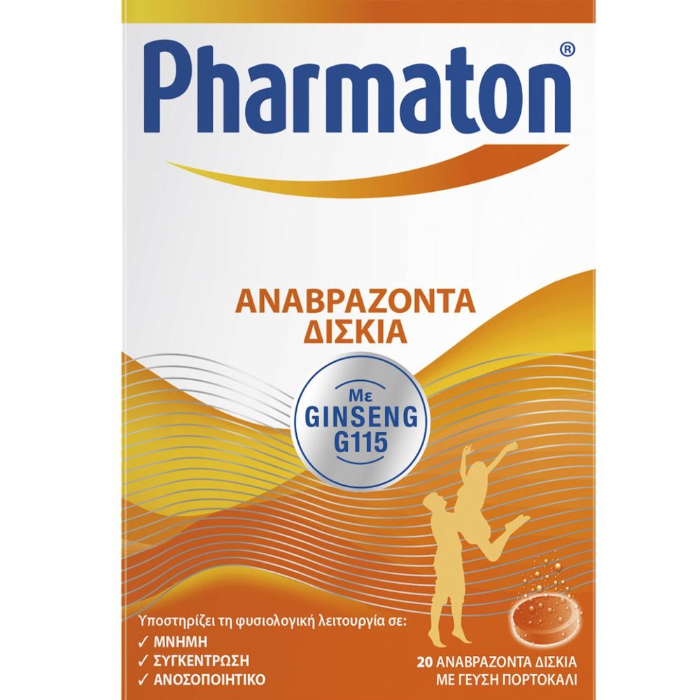 Pharmaton Pharmaton Συμπλήρωμα Διατροφής με Εκχύλισμα Ginseng, Βιταμίνες & Μέταλλα για Ενέργεια, Τόνωση, Μείωση της Κόπωσης & Στήριξη της Εγκεφαλικής Λειτουργίας με Γεύση Πορτοκάλι 20 Effer.tabs