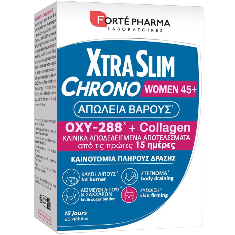 Forte Pharma XtraSlim Chrono Women 45+ Συμπλήρωμα Διατροφής Φόρμουλας Βοτανικών Εκχυλισμάτων, Βιταμινών, Μετάλλων & Κολλαγόνου Ειδικής Σύνθεσης για Γυναίκες Ηλικίας 45+ για Καύση Λίπους, Στέγνωμα & Σύσφιξη 60caps
