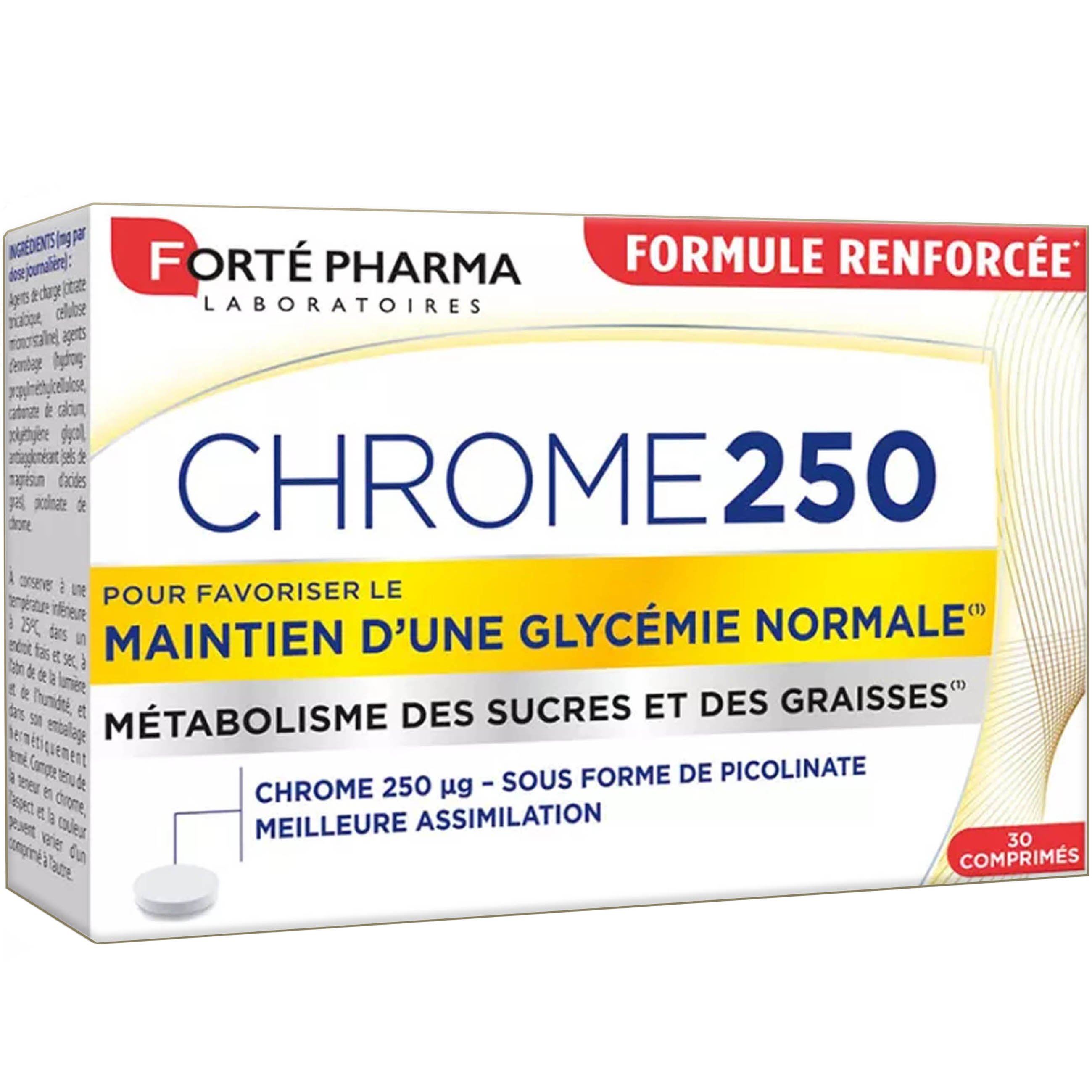 FORTE PHARMA Forte Pharma Chrome 250 Συμπλήρωμα Διατροφής Χρωμίου Πικολινικής Μορφής για τη Διατήρηση Φυσιολογικών Επιπέδων Γλυκόζης στο Αίμα, Ρύθμιση της Όρεξης & Βάρους 30tabs