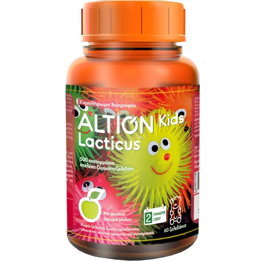 Altion Altion Kids Lacticus Συμπλήρωμα Διατροφής 4 Διαφορετικών Προβιοτικών για την Ενίσχυση της Εντερικής Χλωρίδας & της Φυσικής Άμυνας του Οργανισμού σε Παιδιά από 3 Ετών με Γεύση Πράσινο Μήλο 60 Ζελεδάκια