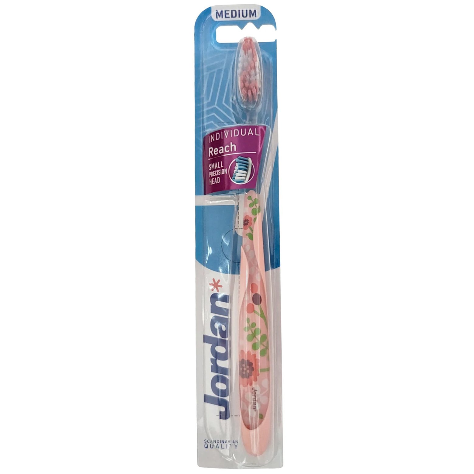 Jordan Individual Reach Medium Toothbrush Μέτρια Οδοντόβουρτσα με Εργονομική Λαβή για Βαθύ Καθαρισμό 1 Τεμάχιο Κωδ 310040 – Ροζ