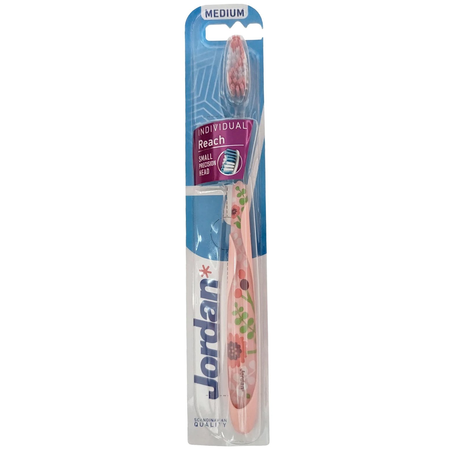 Jordan Individual Reach Medium Toothbrush Μέτρια Οδοντόβουρτσα με Εργονομική Λαβή για Βαθύ Καθαρισμό 1 Τεμάχιο Κωδ 310040 – Ροζ