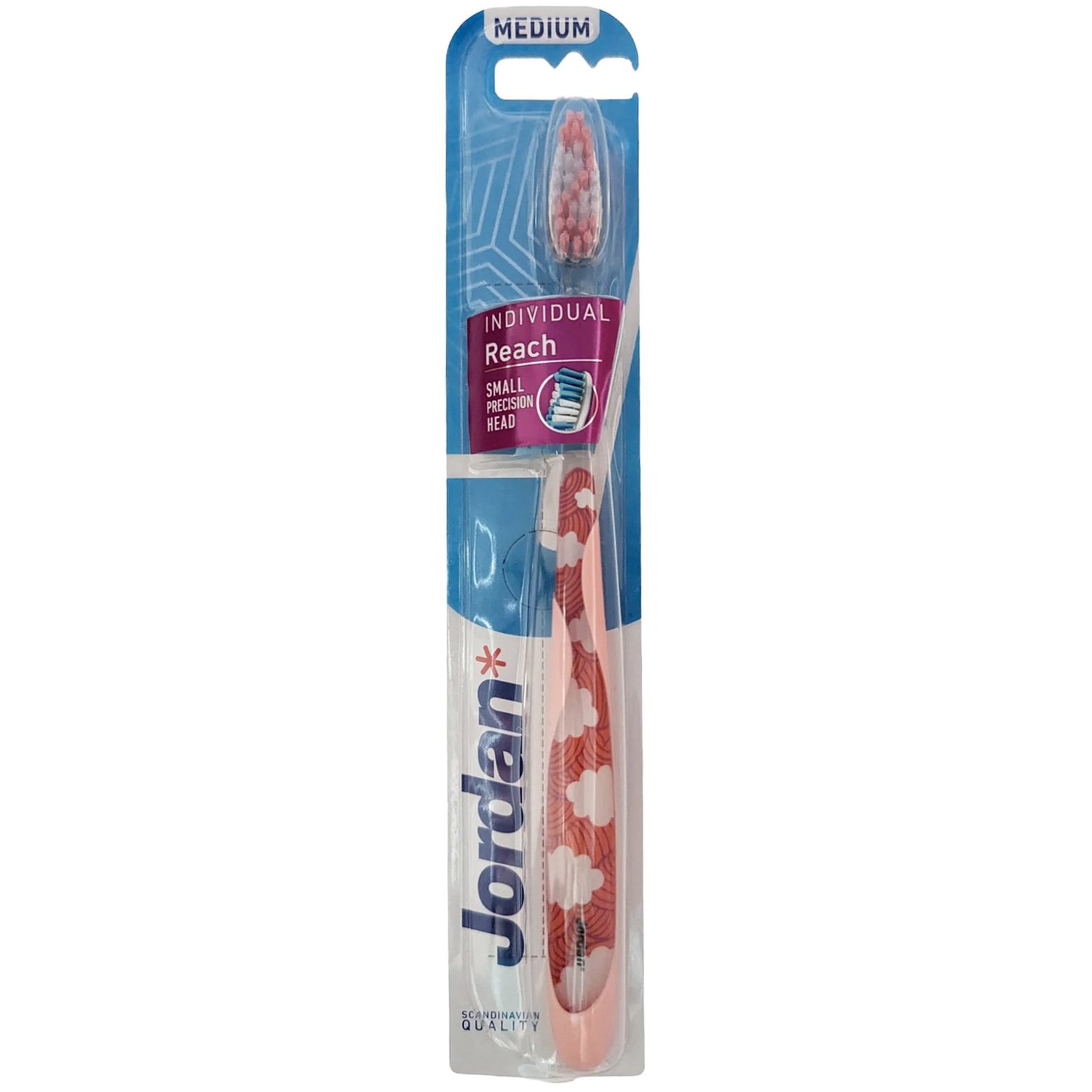 Jordan Individual Reach Medium Toothbrush Μέτρια Οδοντόβουρτσα με Εργονομική Λαβή για Βαθύ Καθαρισμό 1 Τεμάχιο Κωδ 310040 – Πορτοκαλί / Λευκό