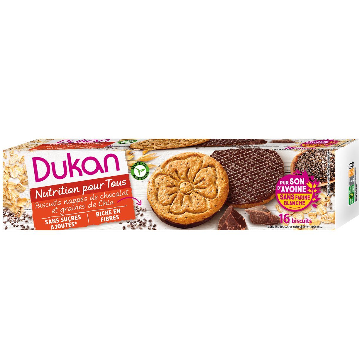 Dukan Nutrition Pour Tous Biscuits Nappes Μπισκότα Βρώμης με Επικάλυψη Σοκολάτας & Σπόρους Chia 16 Τεμάχια