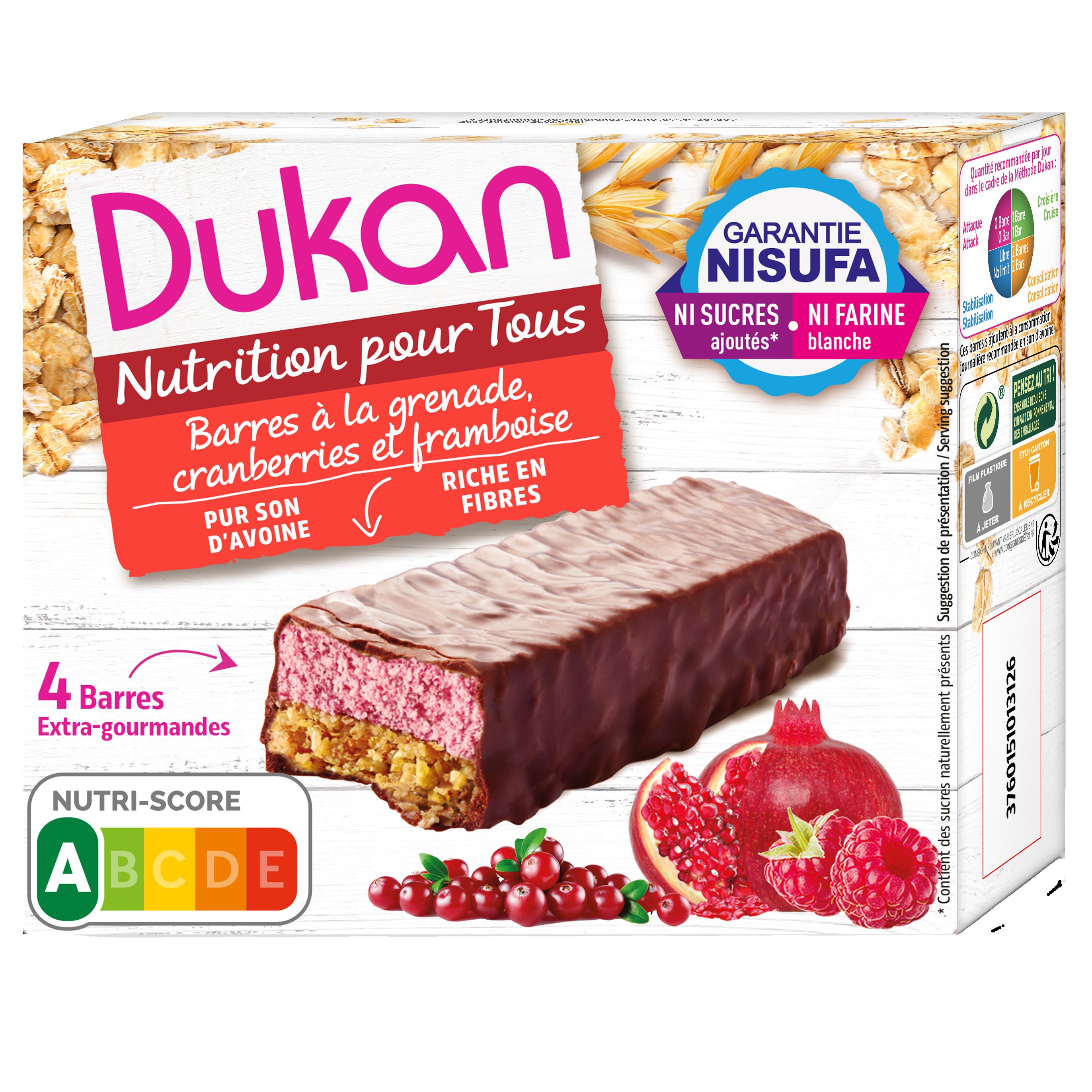 Dukan Nutrition Pour Tous Barres a la Grenade Cranberries et Framboise Γκοφρέτες Βρώμης με Σοκολάτα & Μούρα 4×30 gr