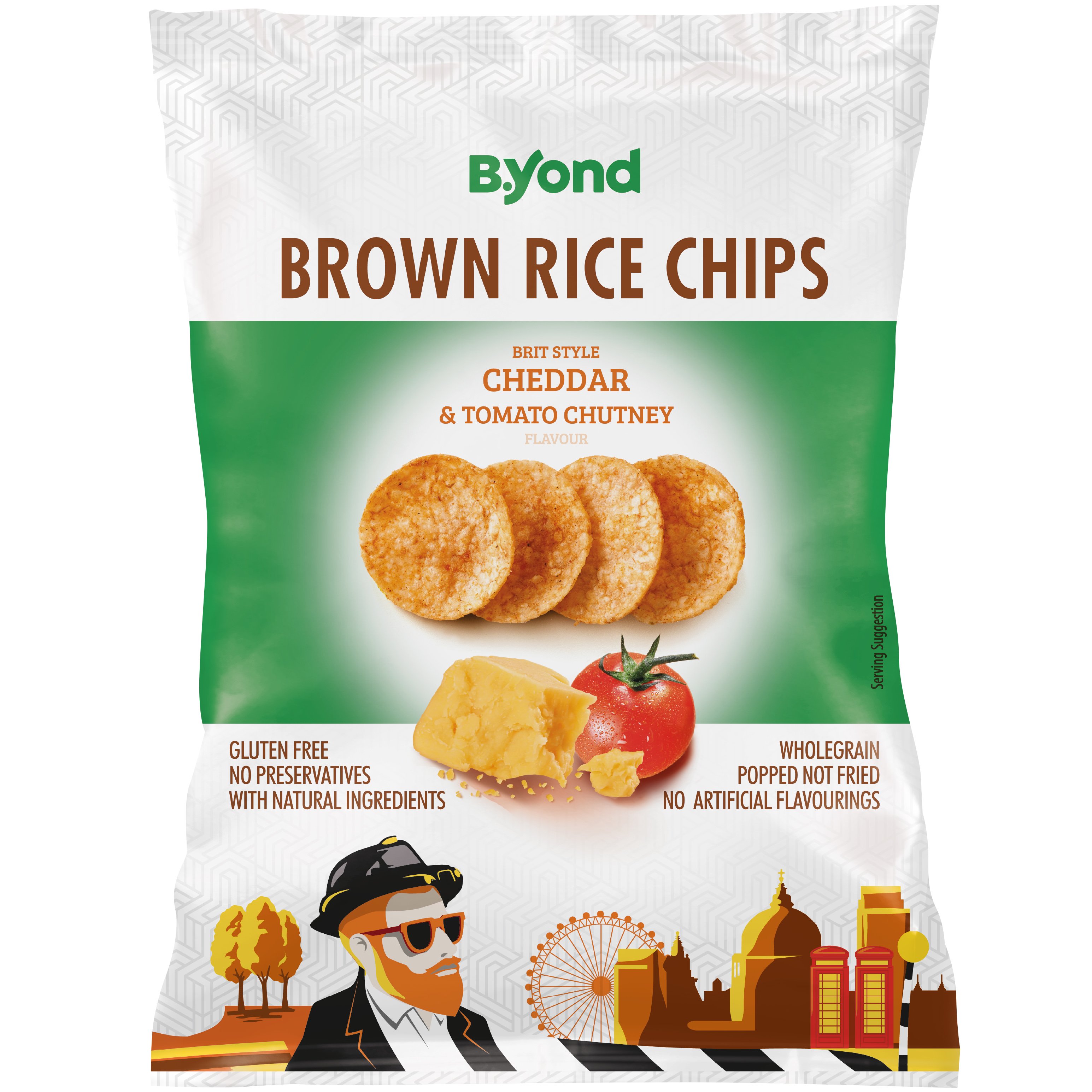 B.Yond Brown Rice Chips Cheddar & Tomato Chutney Flavor Τσιπς Καστανού Ρυζιού με Τσένταρ & Ντομάτα 70g