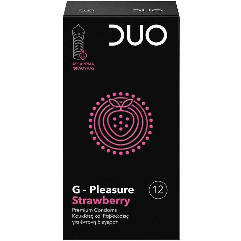 Duo G-Pleasure Strawberry Premium Condoms Προφυλακτικά με Κουκίδες & Ραβδώσεις 12 Τεμάχια