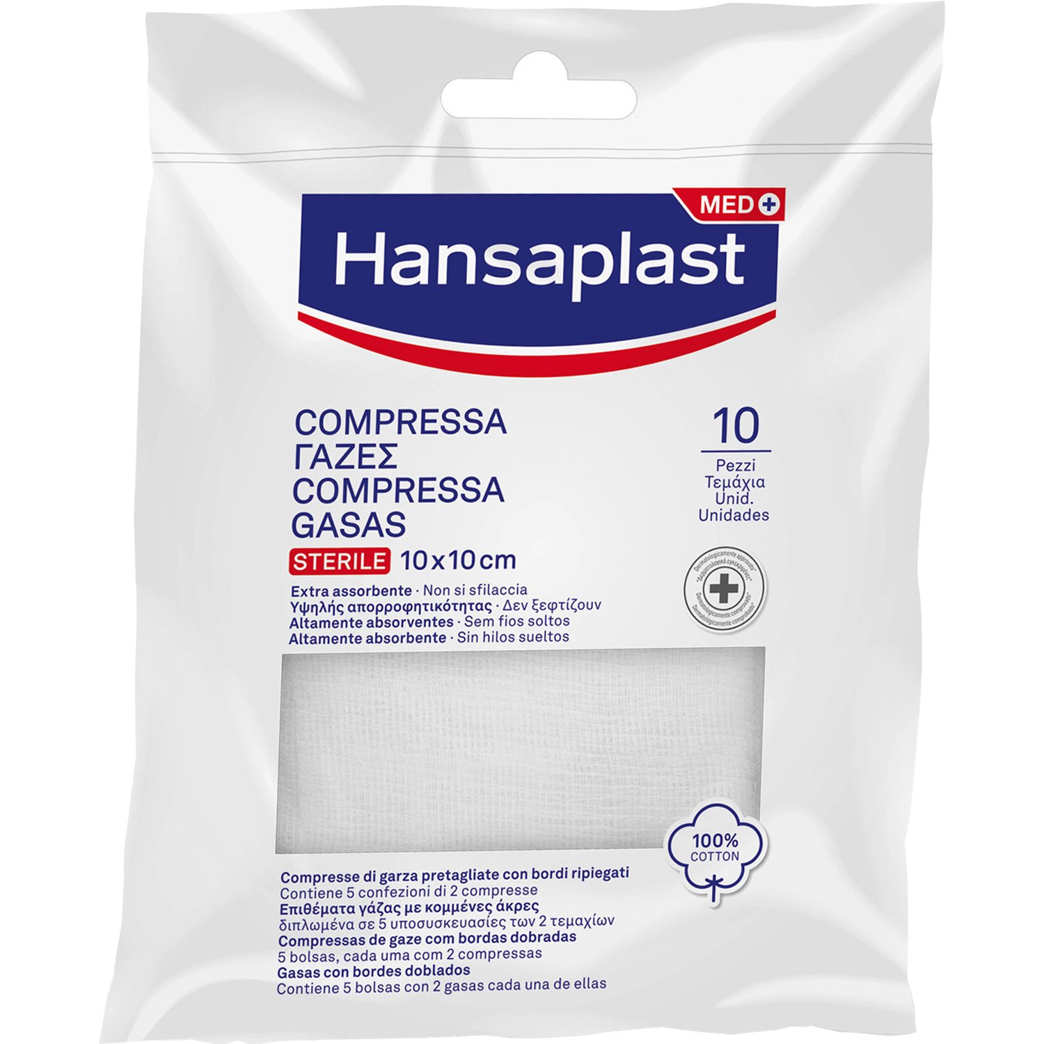 Hansaplast Med+ Sterile Compress 10x10cm Αποστειρωμένα Επιθέματα Γάζας για τον Καθαρισμό & την Κάλυψη των Πληγών 10 Τεμάχια (5x2 Τεμάχια)