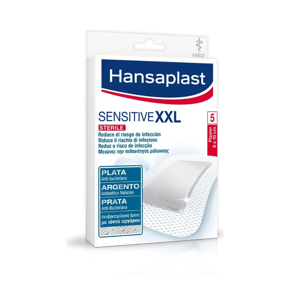 Hansaplast Antibacterial XXL Sensitive Sterile 8 x 10cm Αντιμικροβιακά Επιθέματα Sensitive XXL 5τμχ