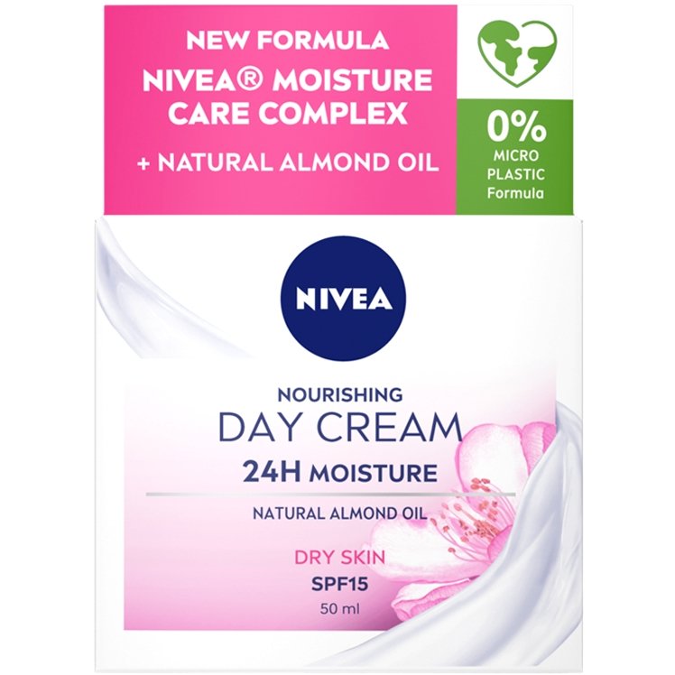 Nivea Moisture Day Cream 24h for Dry Skin with Almond Oil spf15 Πλούσια Κρέμα Ημέρας 24ωρης Εντατικής Ενυδάτωσης με Αμυγδαλέλαιο Μεσαίας Προστασίας 50ml