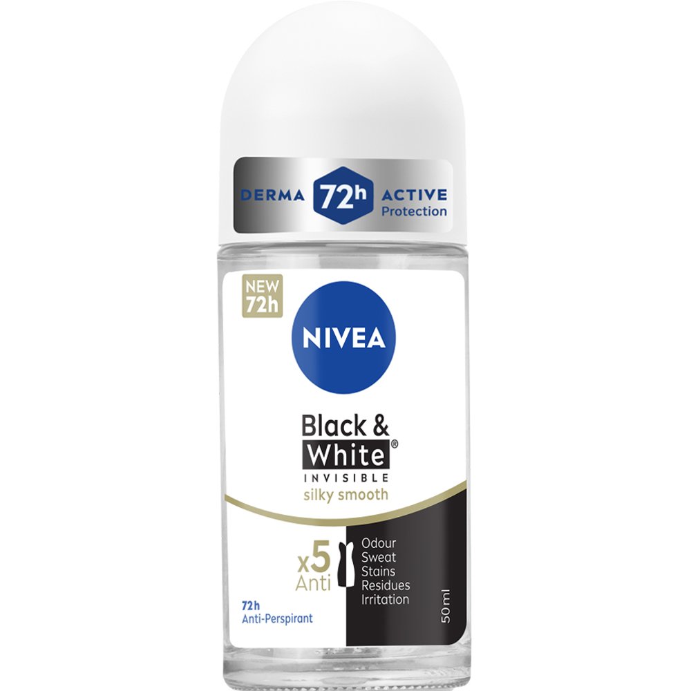 Nivea Black & White Invisible Silky Smooth Anti Perspirant Deodorant Roll-On Γυναικείο Αποσμητικό Roll-On 72ωρης Προστασίας Κατά των Λευκών Σημαδιών Για Απαλή & Μεταξένια Επιδερμίδα 50ml