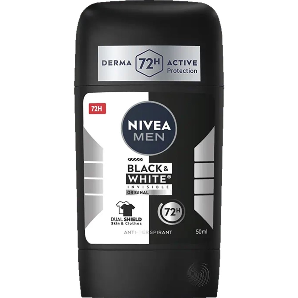 Nivea Men Black & White Invisible Deodorant Stick Original 72h Ανδρικό Αποσμητικό Στικ που Προστατεύει τα Ρούχα από Λευκά Σημάδια στα Μαύρα & Κίτρινους Λεκέδες στα Λευκά 50ml