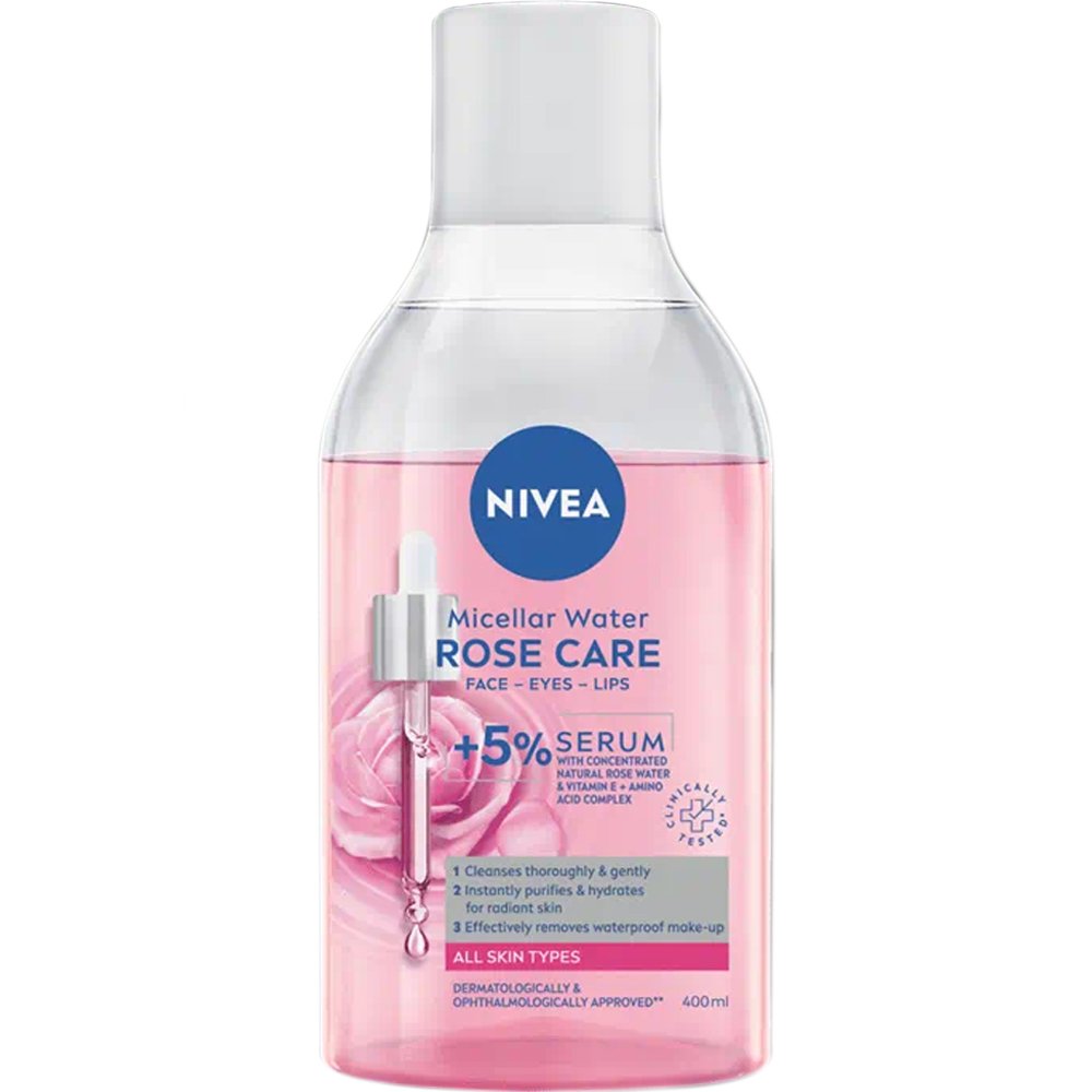 Nivea Micellair Double Effect Rose Care 5% Serum Νερό Καθαρισμού 2 Φάσεων Προσώπου, Ματιών & Χειλιών με 5% Ορό από Συμπυκνωμένο Ροδόνερο, Βιταμίνη E & Σύμπλεγμα Αμινοξέων 400ml
