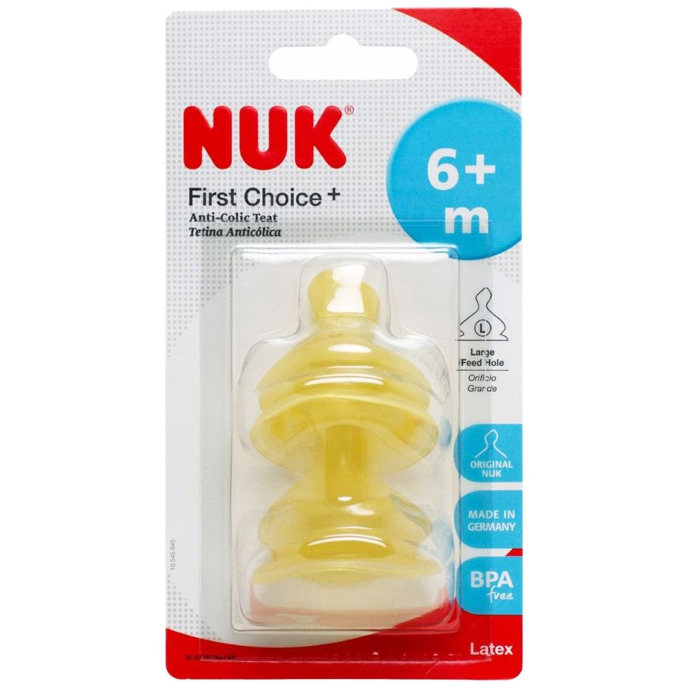 Nuk First Choice Plus No Colic Latex Teat 6m+ Large Θηλή Καουτσούκ Κατά των Κολικών με Φυσικό Σχήμα με Οπή Μεγάλου Μεγέθους για Παχύρρευστες Τροφές 2 Τεμάχια