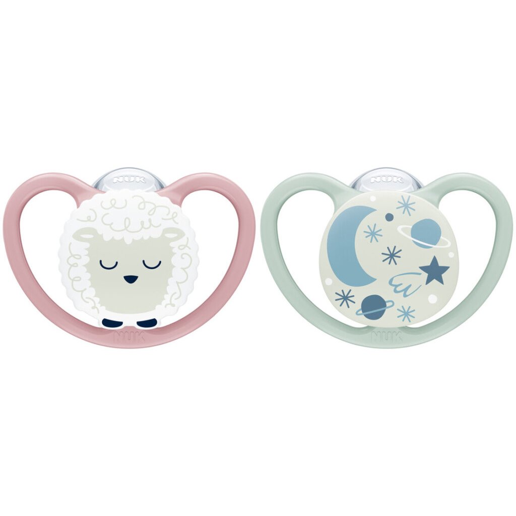 Nuk Nuk Space Night Silicone Soother 6-18m Ορθοδοντική Πιπίλα Σιλικόνης που Λάμπει στο Σκοτάδι, με Σχεδιασμό που Επιτρέπει στην Επιδερμίδα να Αναπνέει 2 Τεμάχια - Ροζ / Πράσινο