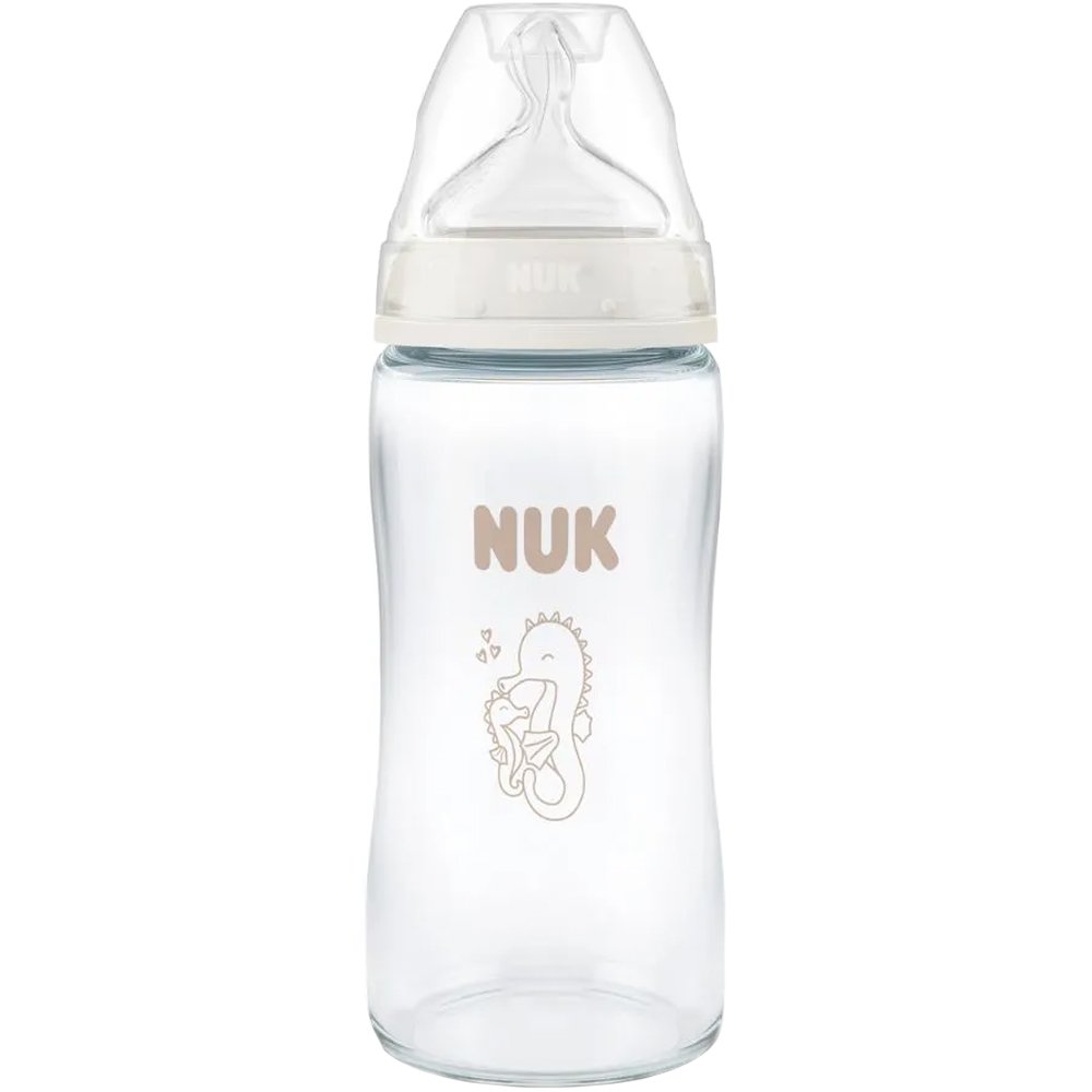 Nuk First Choice Plus Glass Bottle Temperature Control Silicone Medium 3m+, Γυάλινο Μπιμπερό με Θηλή Σιλικόνης Κατά των Κολικών & Δείκτη Ελέγχου Θερμοκρασίας από 3 Μηνών & Άνω 240ml - Seahorse Λευκό