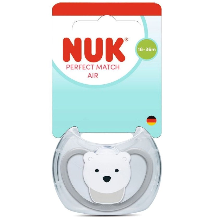 Nuk Perfect Match Air Silicone Soother 18-36m Ορθοδοντική Πιπίλα Σιλικόνης με Απαλή Θηλή, Σχεδιασμός που Εξαερίζεται Πολύ Καλά & με Θήκη Αποστείρωσης 1 Τεμάχιο Polar Bear Γκρι