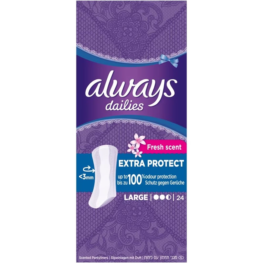 Always Dailies Extra Protect Fresh Scent Large Απαλά, Εύκαμπτα & Πολύ Απορροφητικά Σερβιετάκια με Άρωμα Φρεσκάδας για Καθημερινή Προστασία 24 Τεμάχια