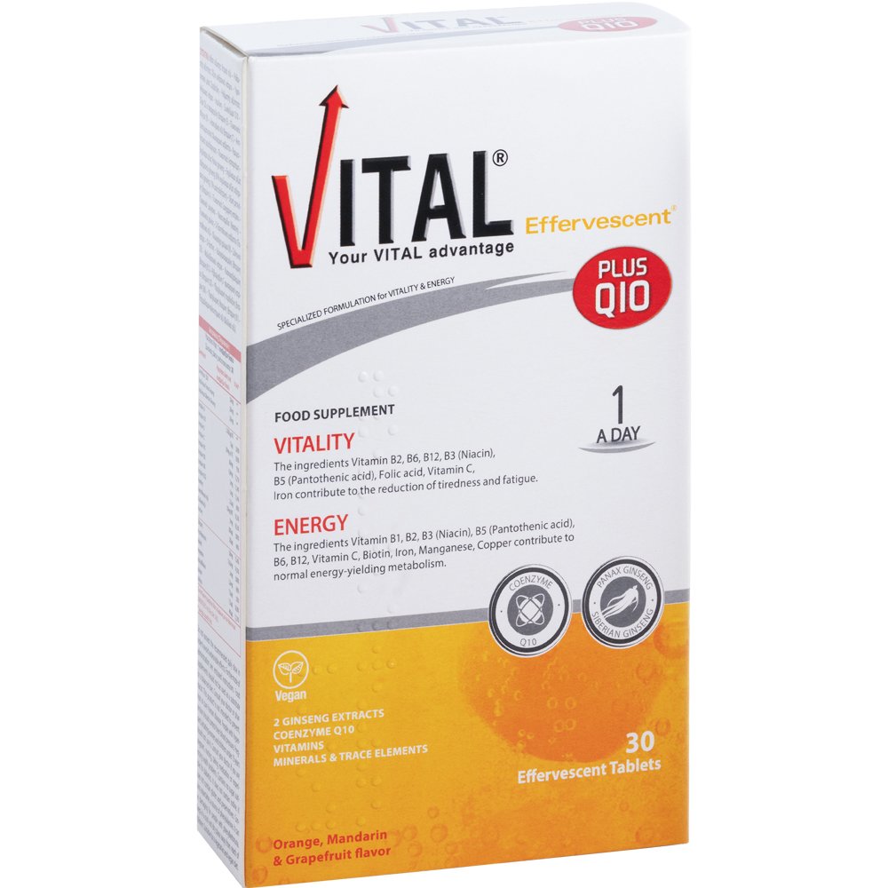 Vital Plus Vitality & Energy Plus Q10 Συμπλήρωμα Διατροφής Πολυβιταμινών, Μετάλλων & Συνενζύμου Q10 για Τόνωση & Ενέργεια με Γεύση Πορτοκάλι, Μανταρίνι & Γκρέιπφρουτ 30 Effer.tabs (2x15 Effer.tabs)