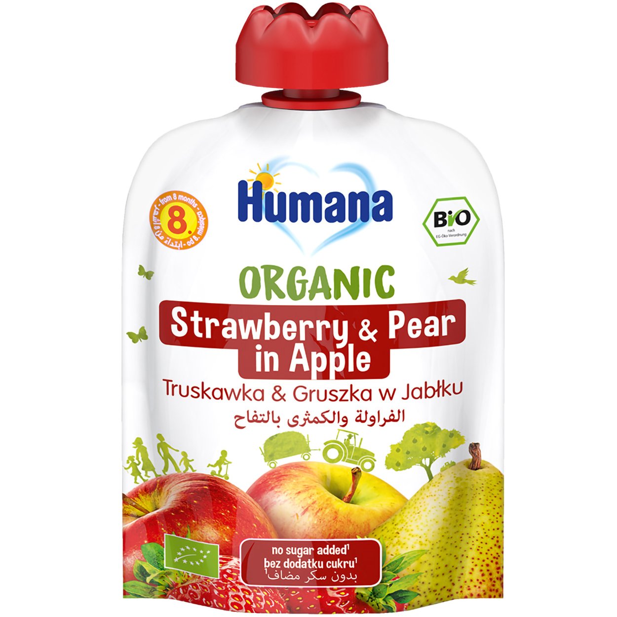Humana Bio Organic Strawberry & Pear in Apple Puree 8m+ Φρουτοπουρές Φράουλα, Αχλάδι & Μήλο Μετά τον 8ο Μήνα 90g