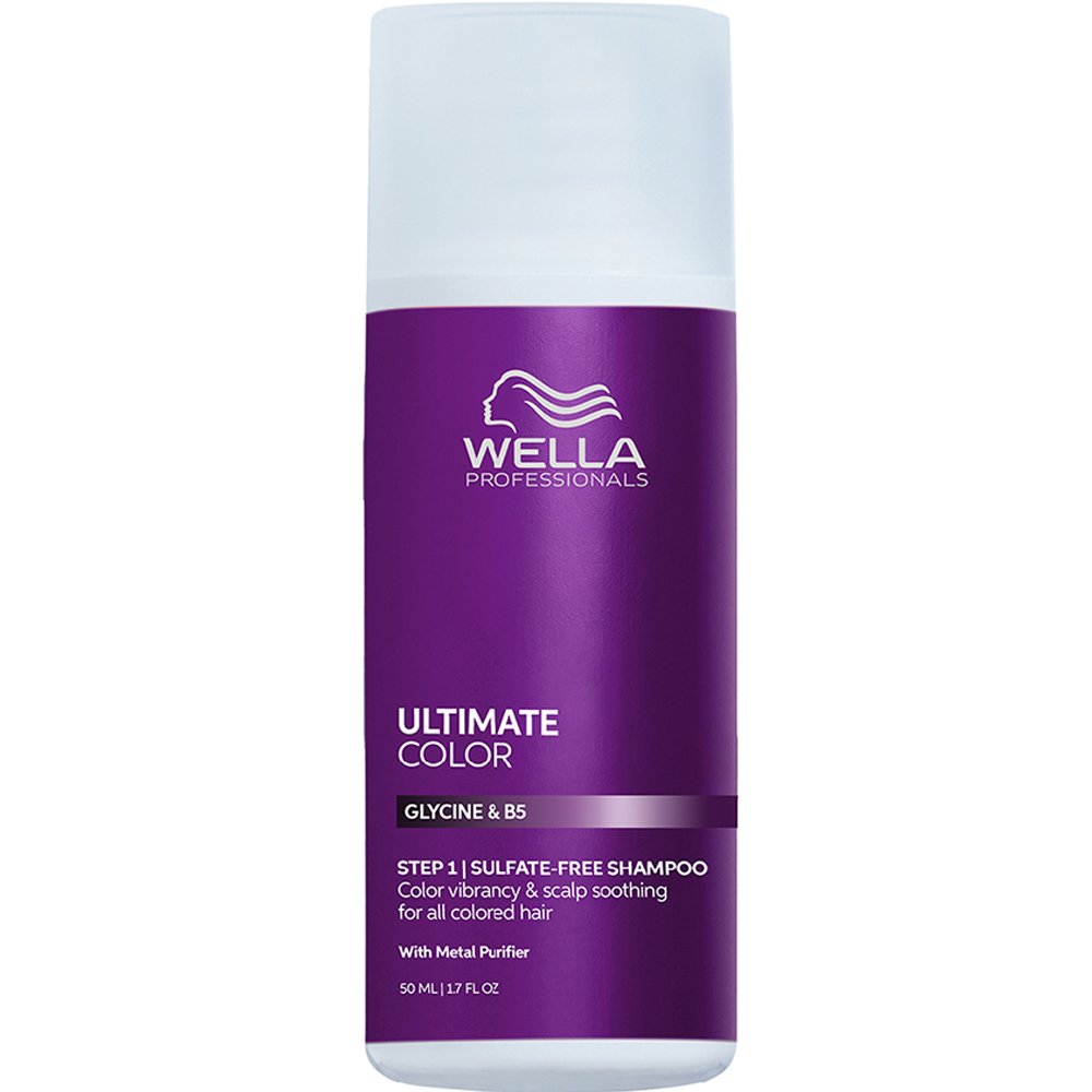 Wella Wella Professionals Ultimate Color Step 1 Shampoo Σαμπουάν που Διατηρεί το Χρώμα των Μάλλιων & Προσδίδει Ζωντάνια, Καταπραΰνοντας το Τριχωτό Χωρίς Θειϊκά Άλατα με Γλυκίνη & Βιταμίνη Β5, 50ml Travel Size