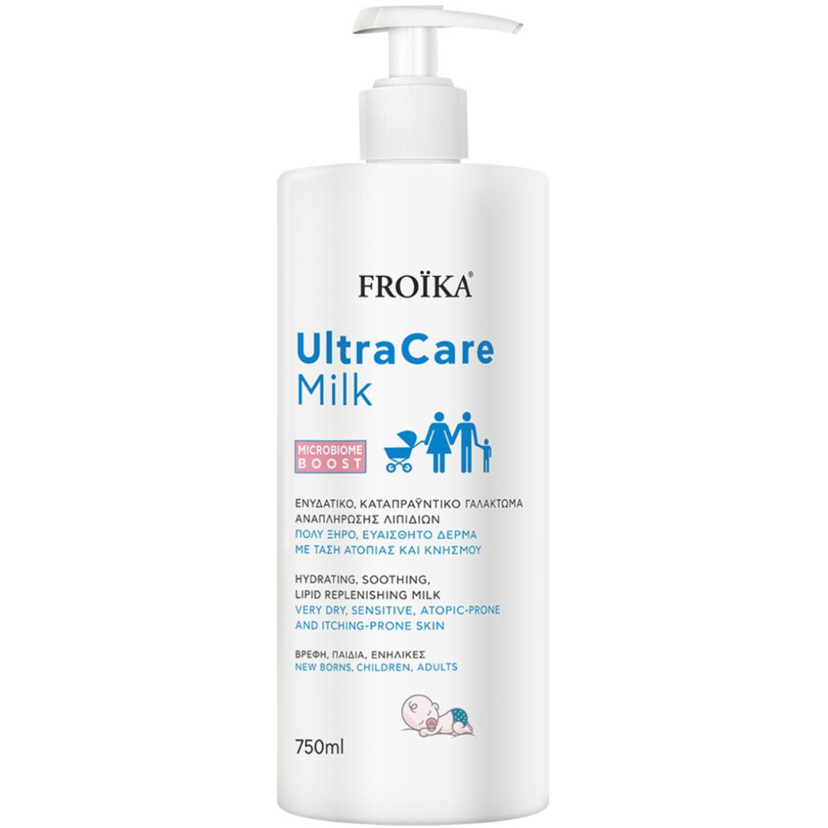 Froika Ultra Care  Hydrating, Soothing & Lipid Replenishing Milk Ενυδατικό & Καταπραυντικό Γαλάκτωμα Ιδανικό για Πολύ Ξηρό, Ευαίσθητο Δέρμα με Τάση Ατοπίας & Κνησμού για Βρέφη, Παιδιά & Ενήλικες με Αντλία 750ml