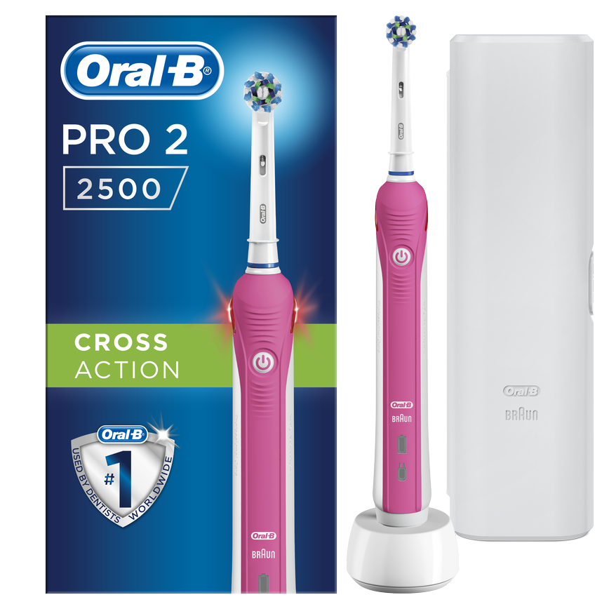 Oral-B PRO 2 2500 Cross Action Pink Επαναφορτιζόμενη Ηλεκτρική Οδοντόβουρτσα με Αισθητήρα Πίεσης Ούλων & Θήκη Ταξιδίου