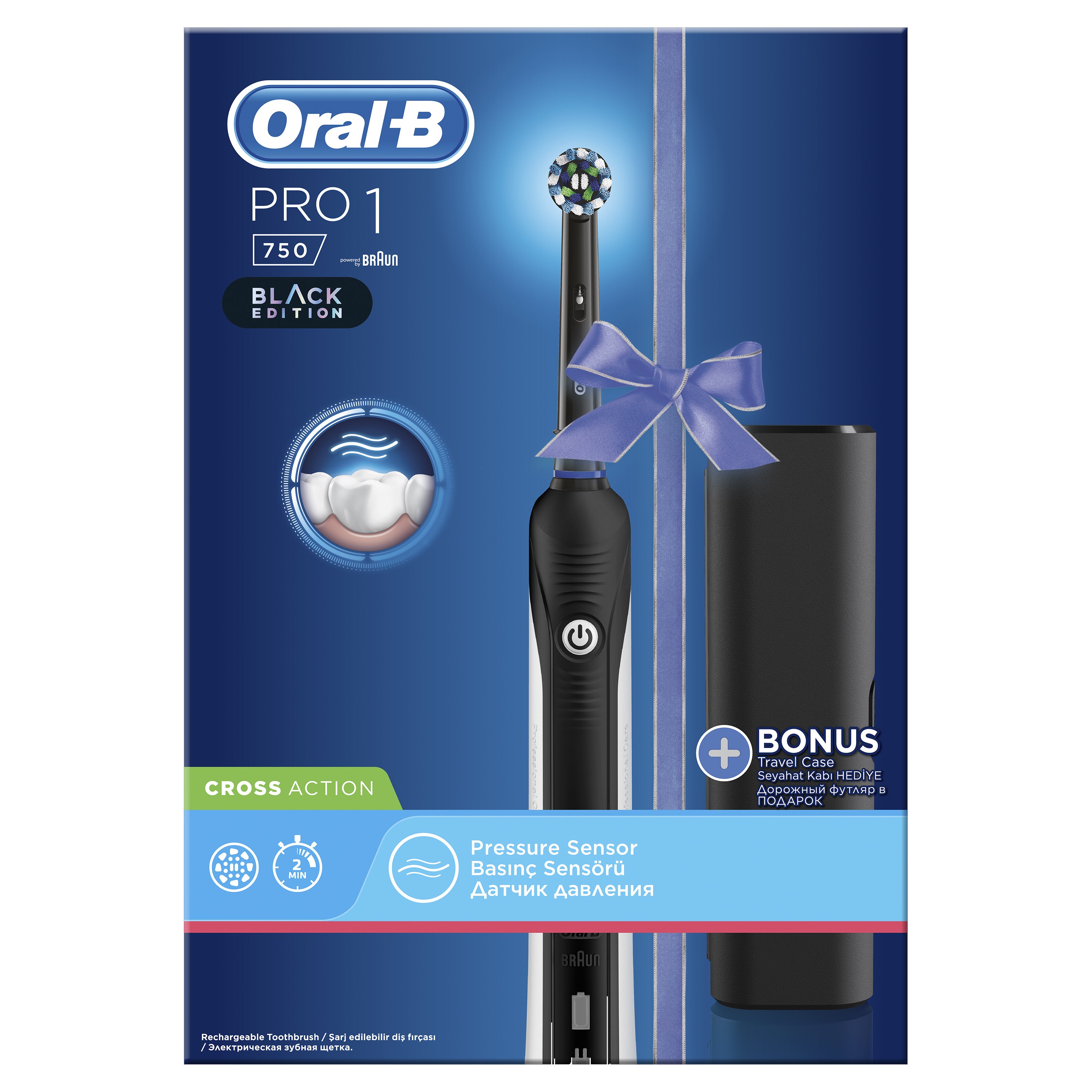 Oral B Pro 750 3D CrossAction Black Edition Ηλεκτρική Οδοντόβουρτσα & Δώρο Θήκη Ταξιδιού 1τμχ