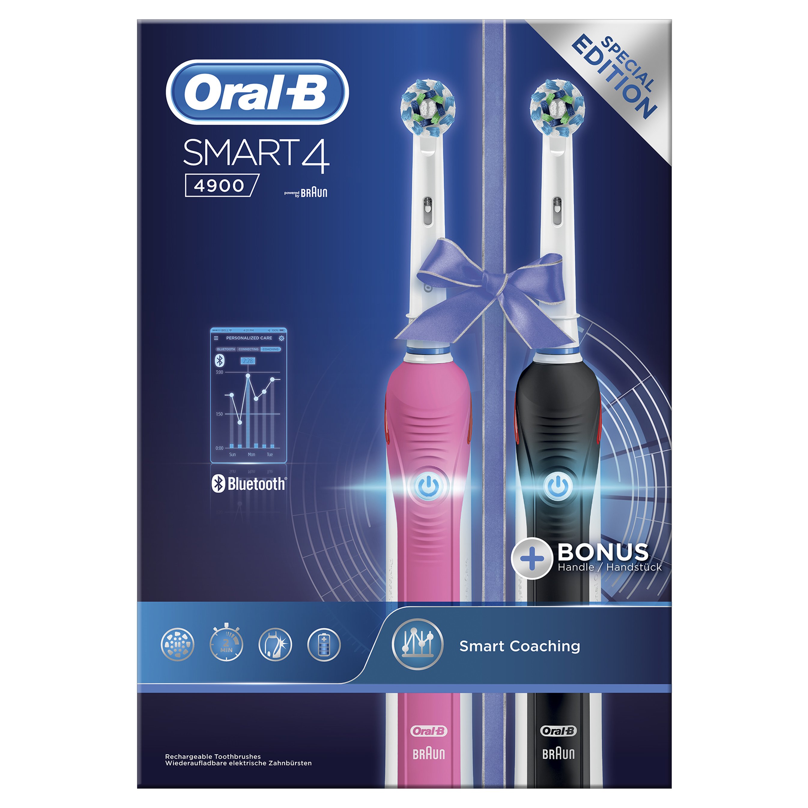 Oral-B Smart 4 4900 Special Edition Pink & Black Ηλεκτρική Οδοντόβουρτσα για πιο Υγιή Ούλα με την Έξυπνη Καθοδήγηση 2 Τεμάχια