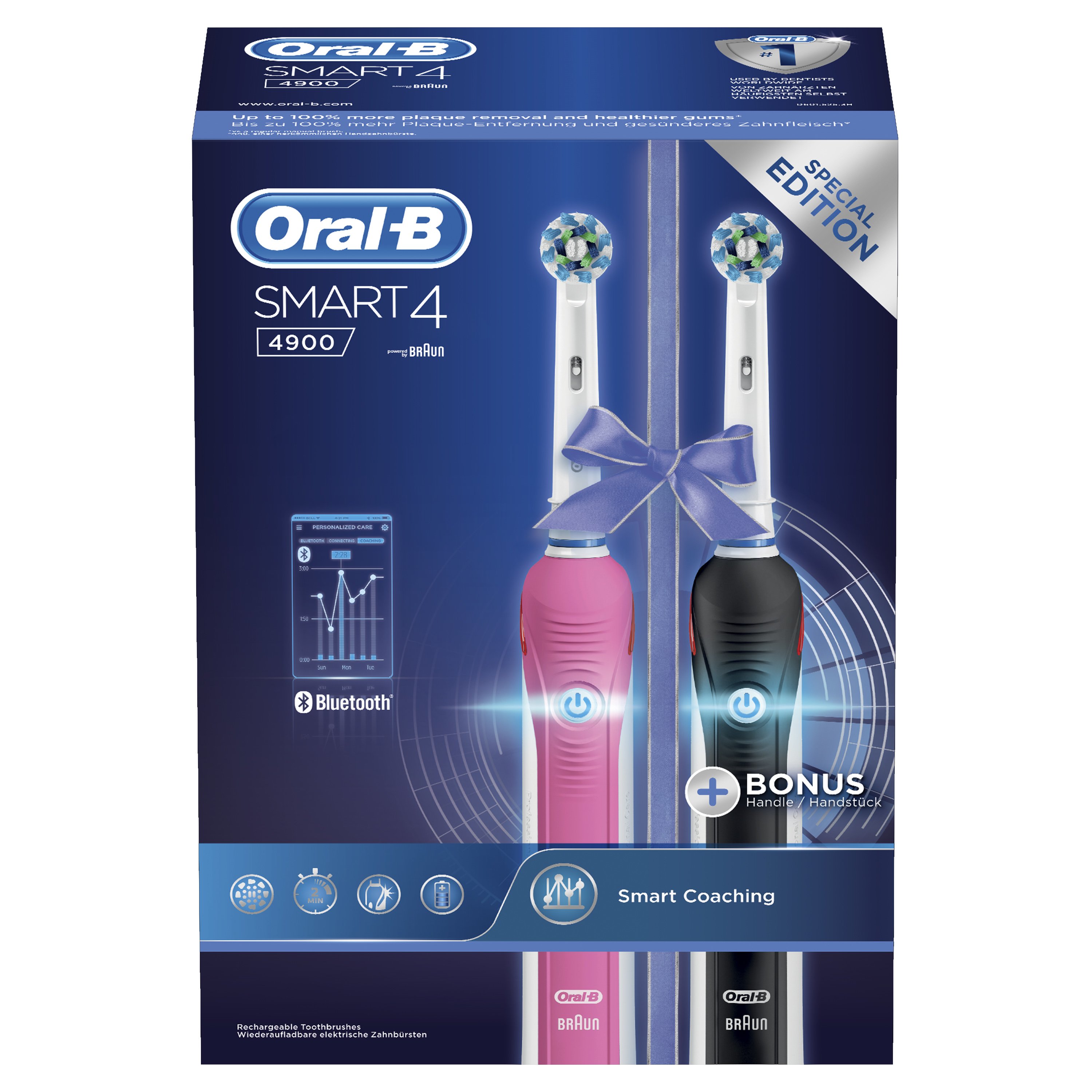 Oral-B Smart 4 4900 Special Edition Pink & Black Ηλεκτρική Οδοντόβουρτσα για πιο Υγιή Ούλα με την Έξυπνη Καθοδήγηση 2 Τεμάχια