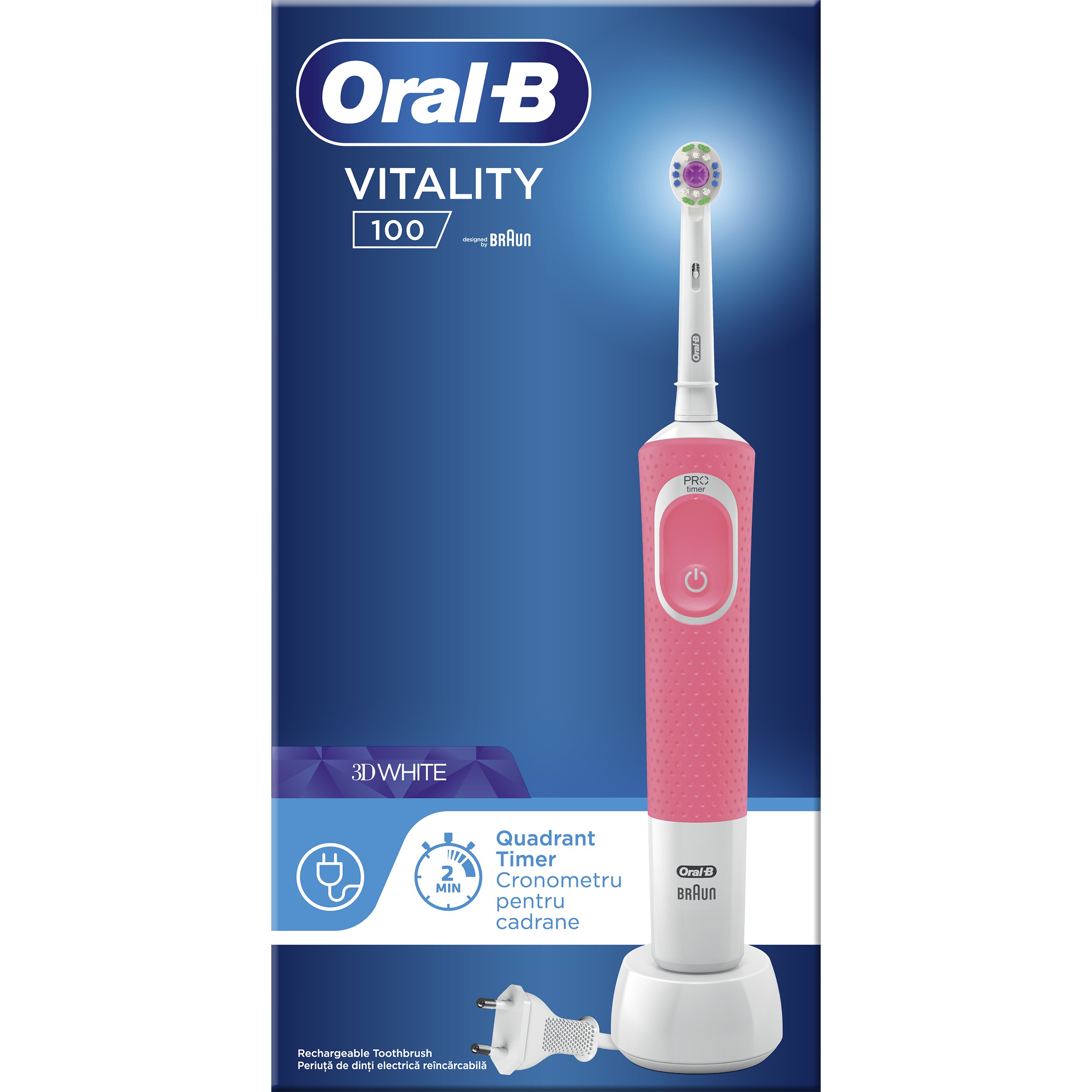 Oral-B Vitality 100 3D White Ηλεκτρική Οδοντόβουρτσα σε Ροζ Χρώμα 1 τεμάχιο 30477