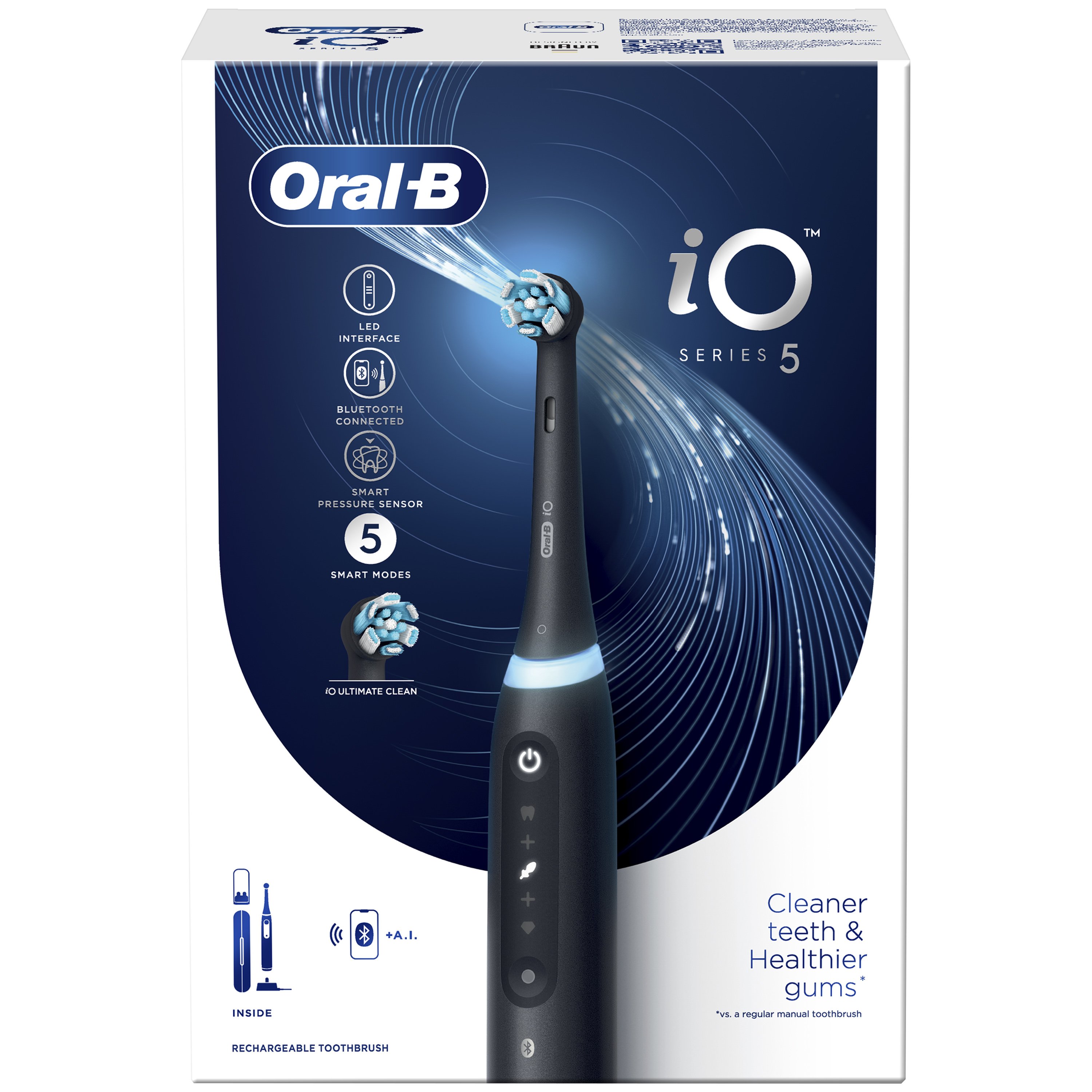 Oral-B iO Series 5 Electric Toothbrush Επαναστατική iO Τεχνολογία Βουρτσίσματος, 5 Έξυπνα Προγράμματα Επαγγελματικού Καθαρισμού Μαύρο 1 Τεμάχιο