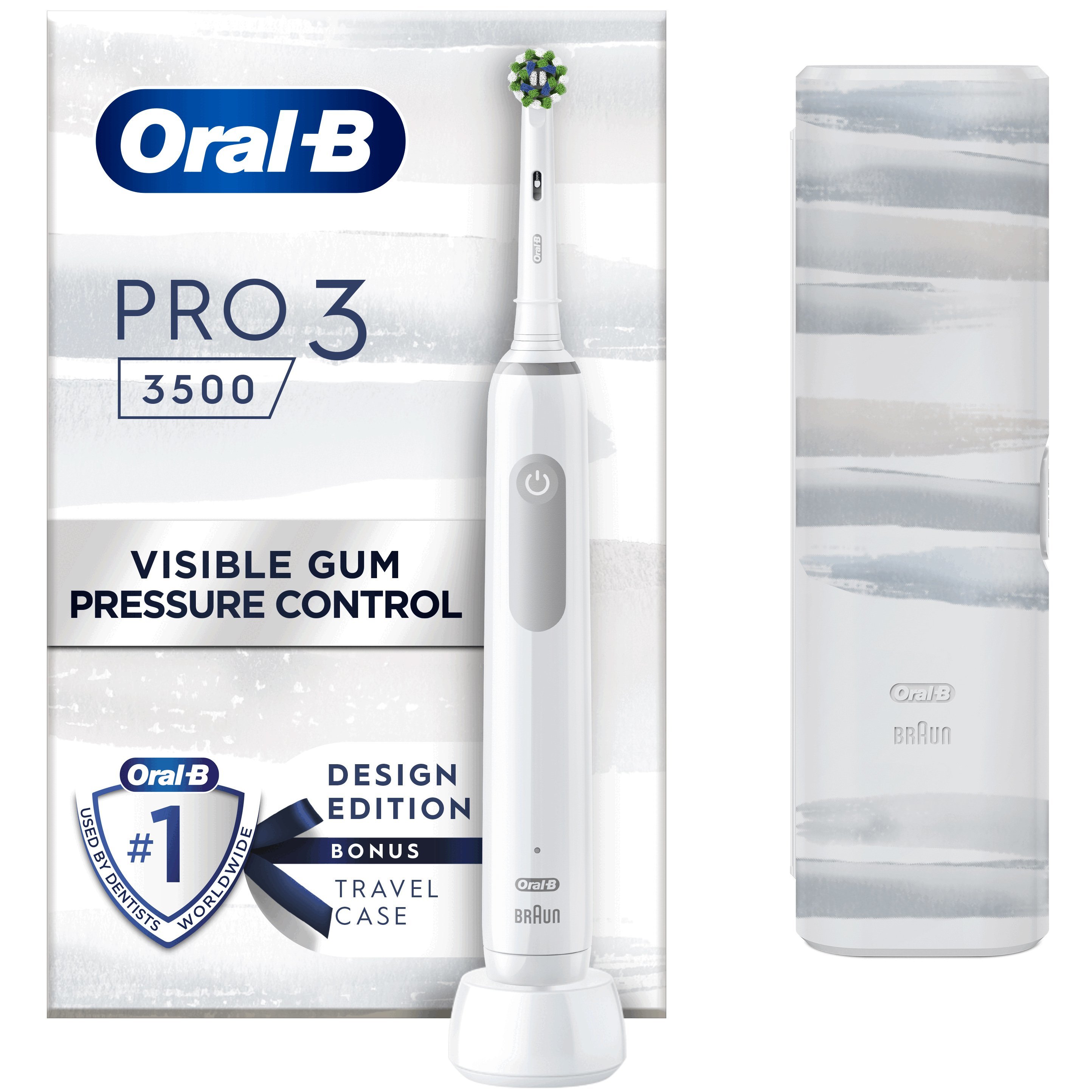 Oral-B PRO 3 3500 Επαναφορτιζόμενη Λευκή Ηλεκτρική Οδοντόβουρτσα με Ορατό Αισθητήρα Πίεσης 360° Λευκή 1 Τεμάχιο & Δώρο Θήκη Ταξιδίου 1 Τεμάχιο