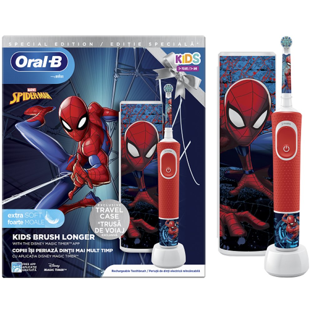 Oral-B Kids Spiderman Special Edition Toothbrush Ηλεκτρική Οδοντόβουρτσα για Παιδιά από 3 Ετών με 4 Αυτοκόλλητα Λαβής & Θήκη Ταξιδίου 1 Τεμάχιο