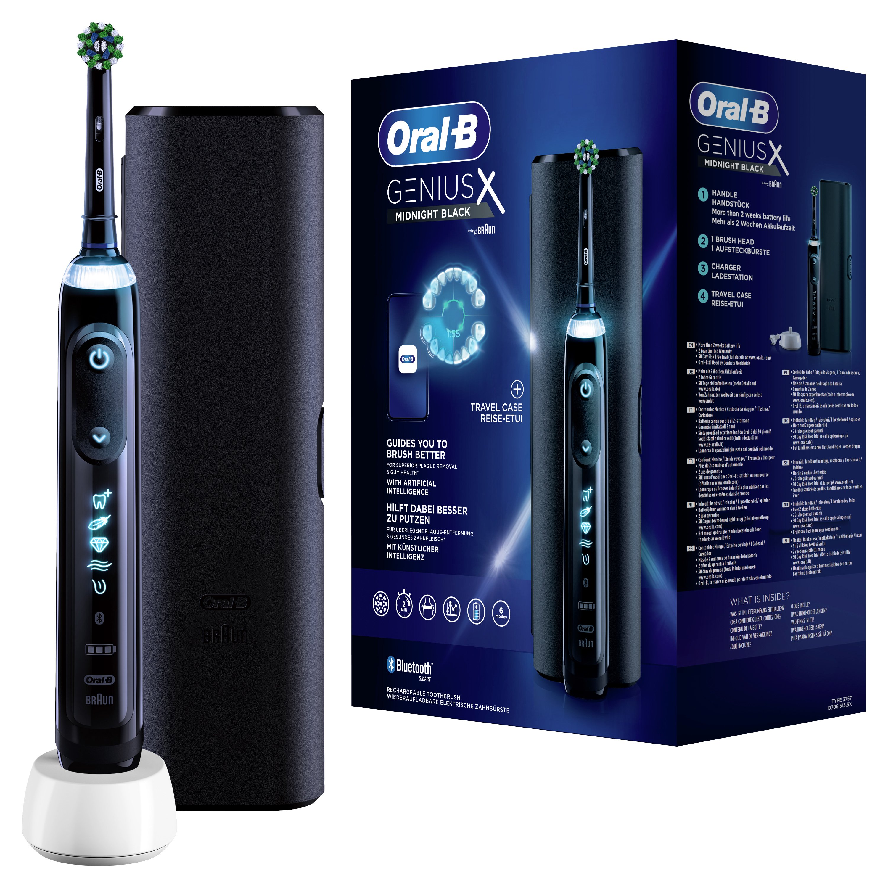 Oral-B Genius X Midnight Black Toothbrush & Travel Case Ηλεκτρική Οδοντόβουρτσα με Τεχνολογία Έξυπνης Καθοδήγησης & Θήκη Ταξιδίου 1 Τεμάχιο