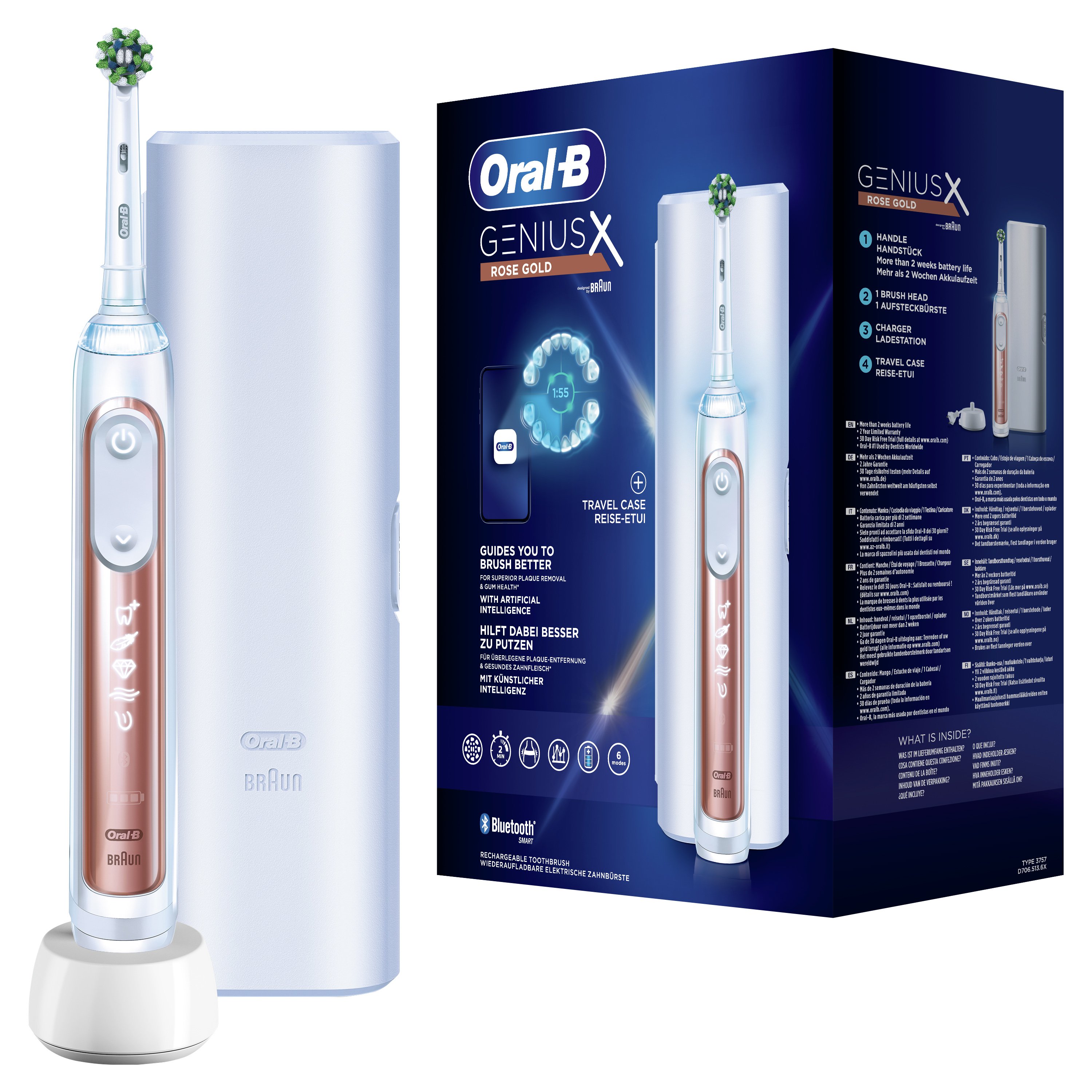Oral-B Genius X Rose Gold Toothbrush & Travel Case Ηλεκτρική Οδοντόβουρτσα με Τεχνολογία Έξυπνης Καθοδήγησης & Θήκη Ταξιδίου 1 Τεμάχιο
