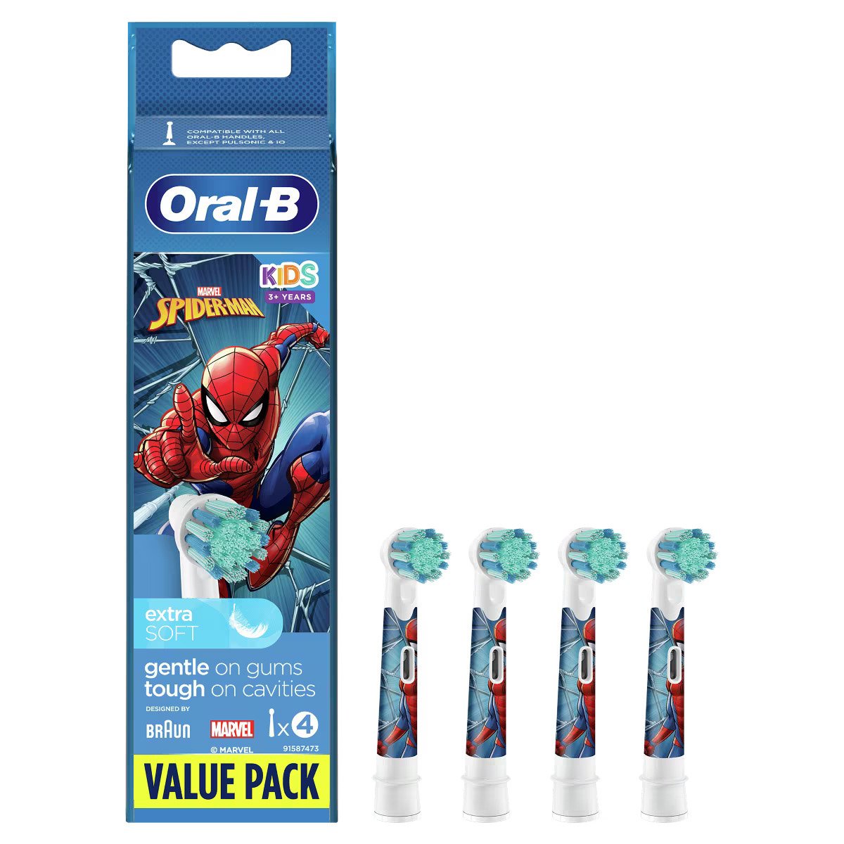 Oral-B Oral-B Kids Spiderman Value Pack Extra Soft Electric Toothbrush Replacement Ανταλλακτικές Κεφαλές Παιδικής Ηλεκτρικής Οδοντόβουρτσας με Πολύ Μαλακές Ίνες & Χαρακτήρες της Ταινίας Spiderman 4 Τεμάχια