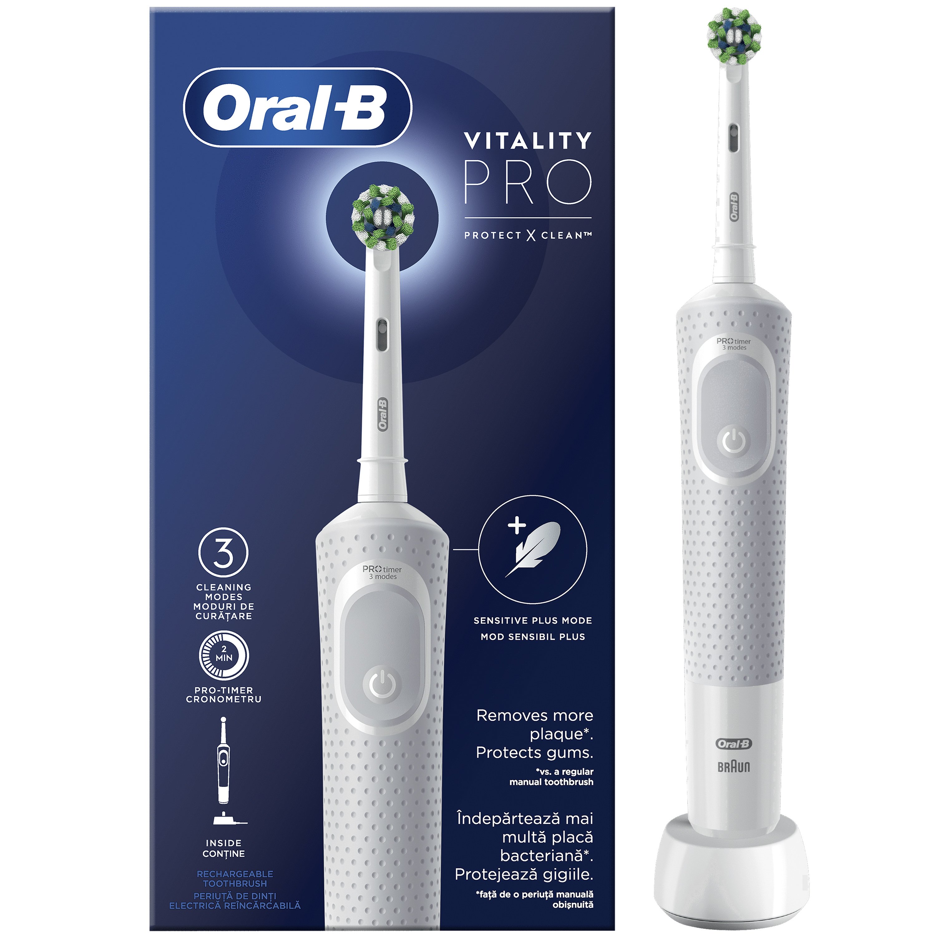 Oral-B Vitality Pro Protect X Clean Επαναφορτιζόμενη Ηλεκτρική Οδοντόβουρτσα με 3 Προγράμματα Βουρτσίσματος από την Braun 1 Τεμάχιο – White