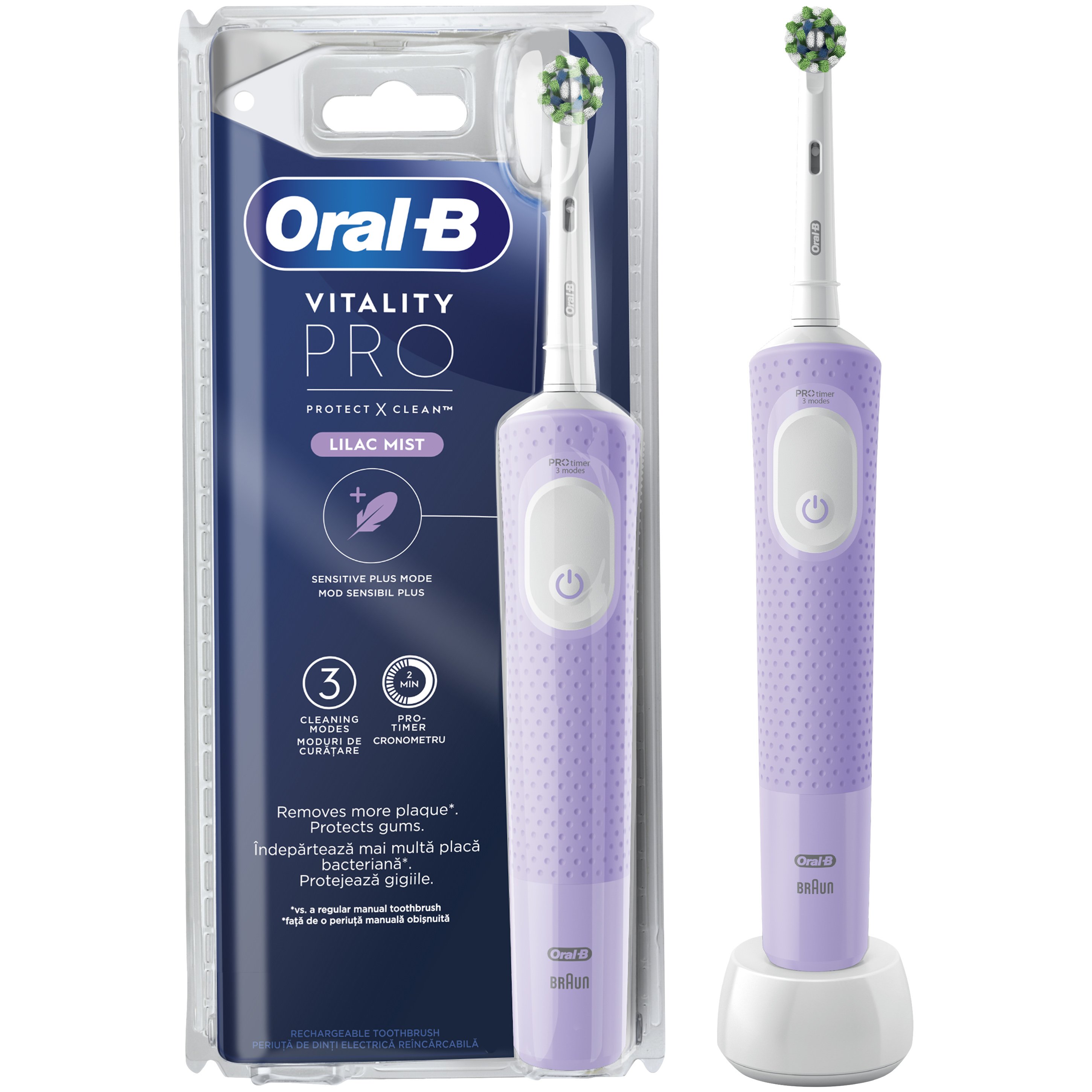 Oral-B Vitality Pro Protect X Clean Επαναφορτιζόμενη Ηλεκτρική Οδοντόβουρτσα με 3 Προγράμματα Βουρτσίσματος από την Braun 1 Τεμάχιο – Lilac Mist
