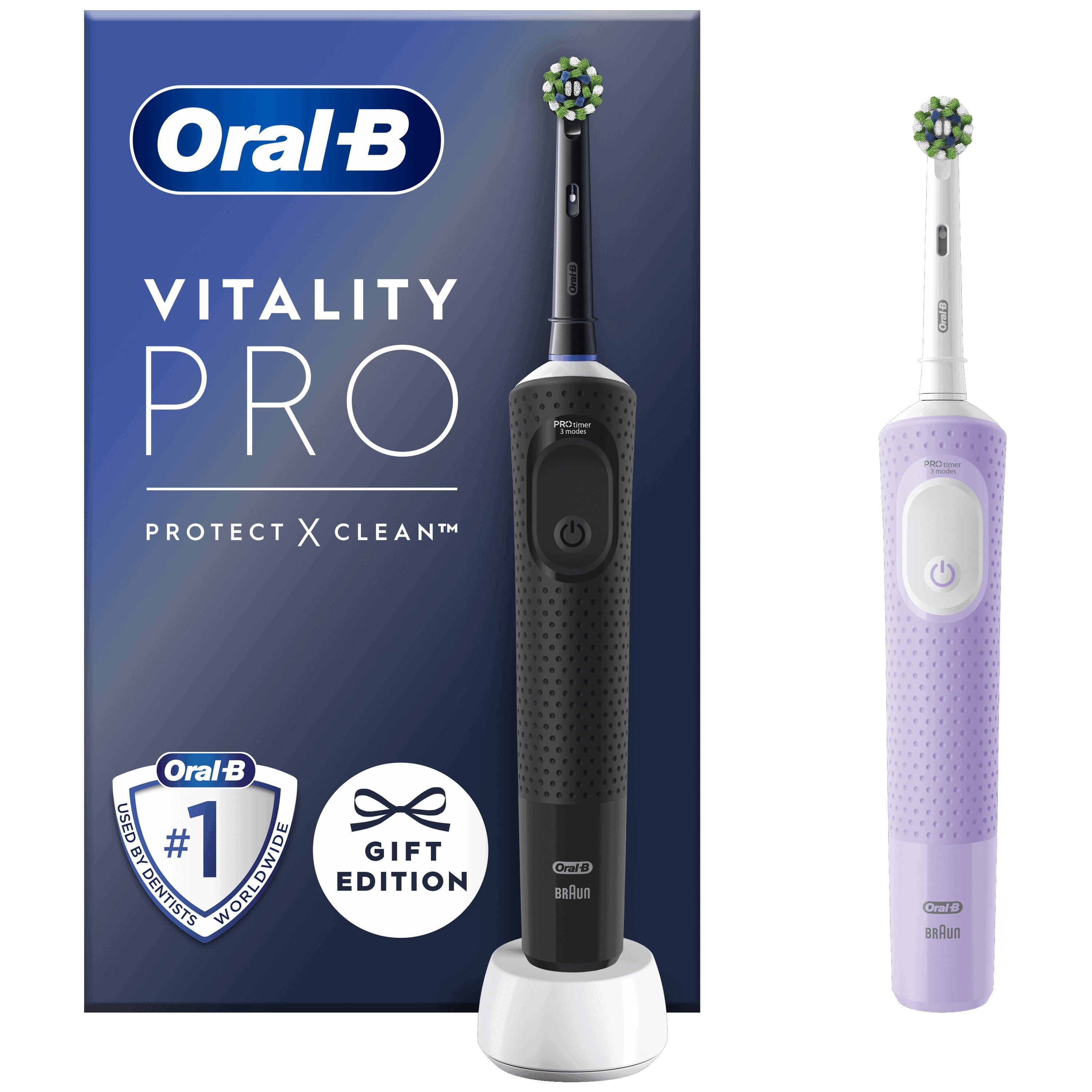 Oral-B Vitality Pro Duo Protect X Clean Επαναφορτιζόμενες Ηλεκτρικές Οδοντόβουρτσες με 3 Προγράμματα Βουρτσίσματος Black 1 Τεμάχιο & Δώρο Lilac Mist 1 Τεμάχιο