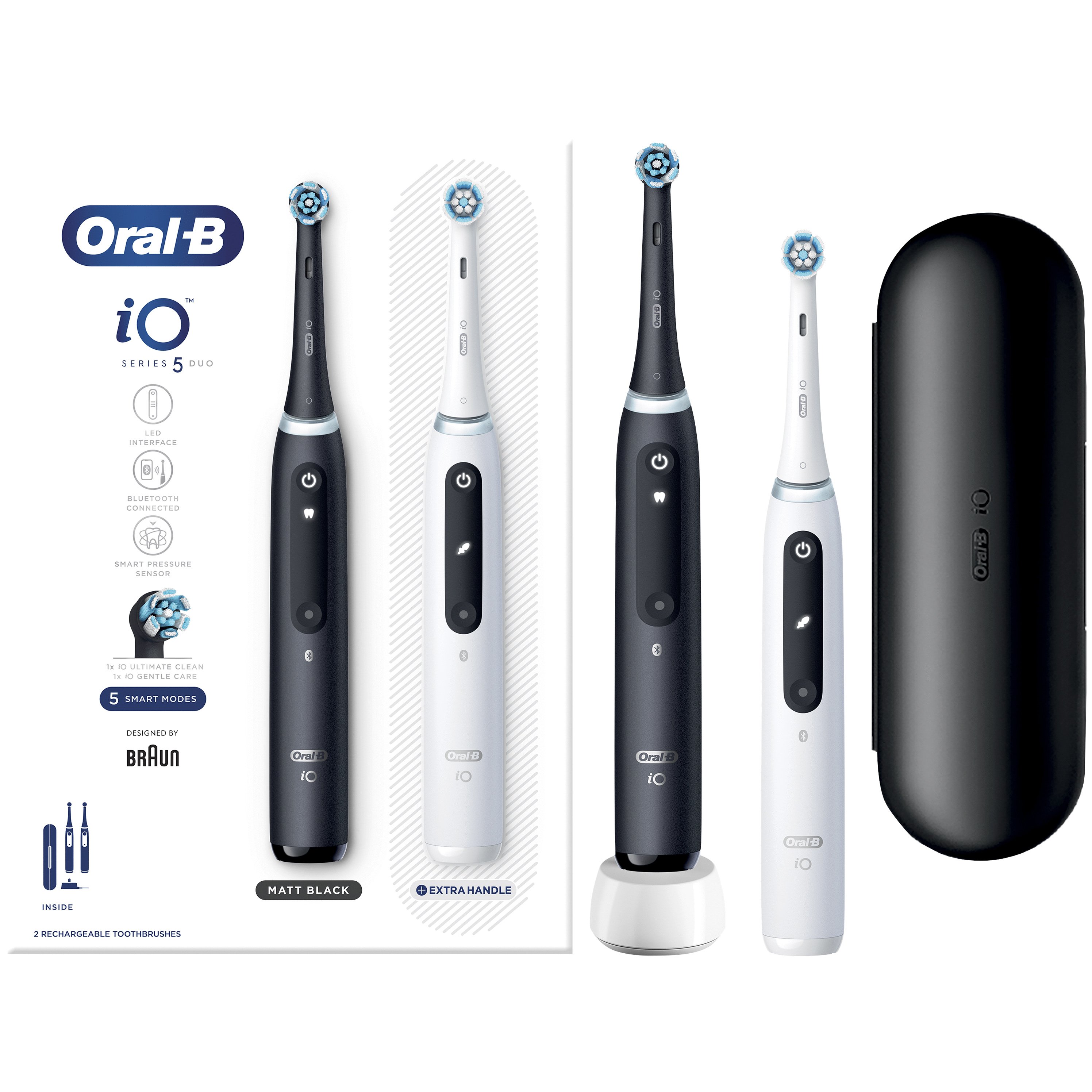 Oral-B iO Series 5 Duo Ηλεκτρική Οδοντόβουρτσα με Επαναστατική iO Τεχνολογία Βουρτσίσματος για Επαγγελματικό Καθαρισμό Μαύρο 1 Τεμάχιο & Λευκό 1 Τεμάχιο