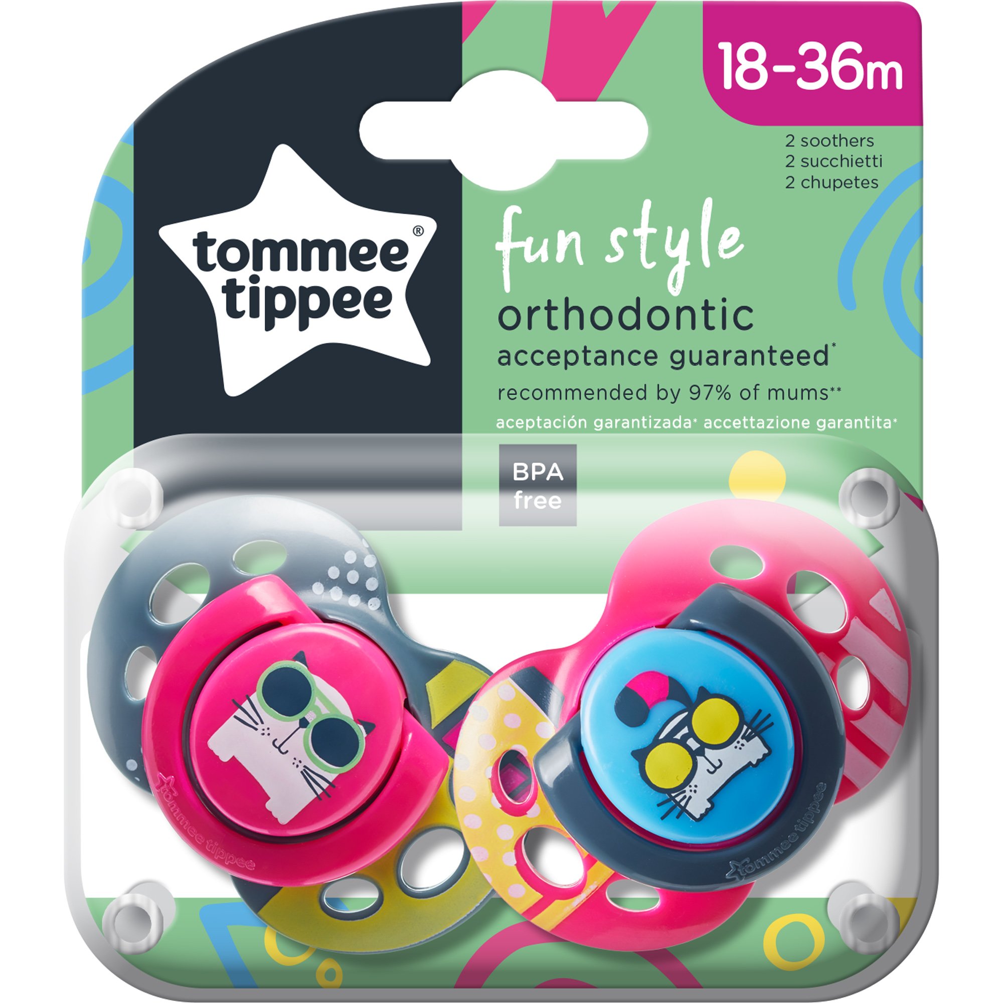 Tommee Tippee Fun Style Orthodontic Soothers Κωδ 43340465 Ορθοδοντική Πιπίλα Σιλικόνης με Σχέδιο 18-36m Cats 2 Τεμάχια