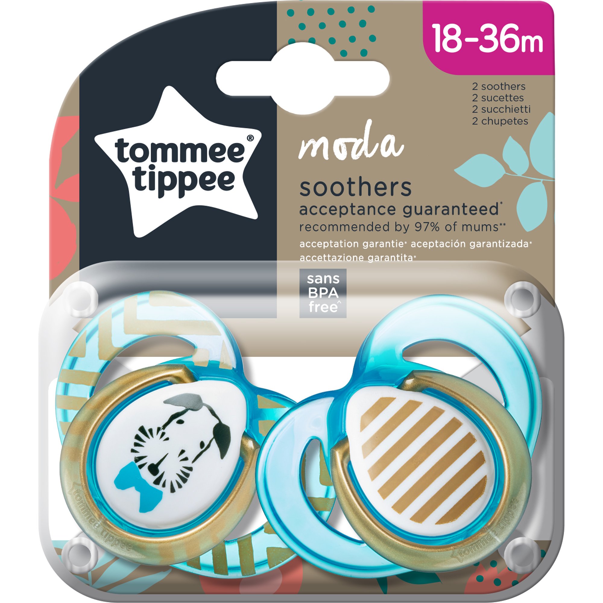 Tommee Tippee Moda Soothers Κωδ 43343841 Ορθοδοντική Πιπίλα Σιλικόνης με Σχέδιο 18-36m Γαλάζιο 2 Τεμάχια