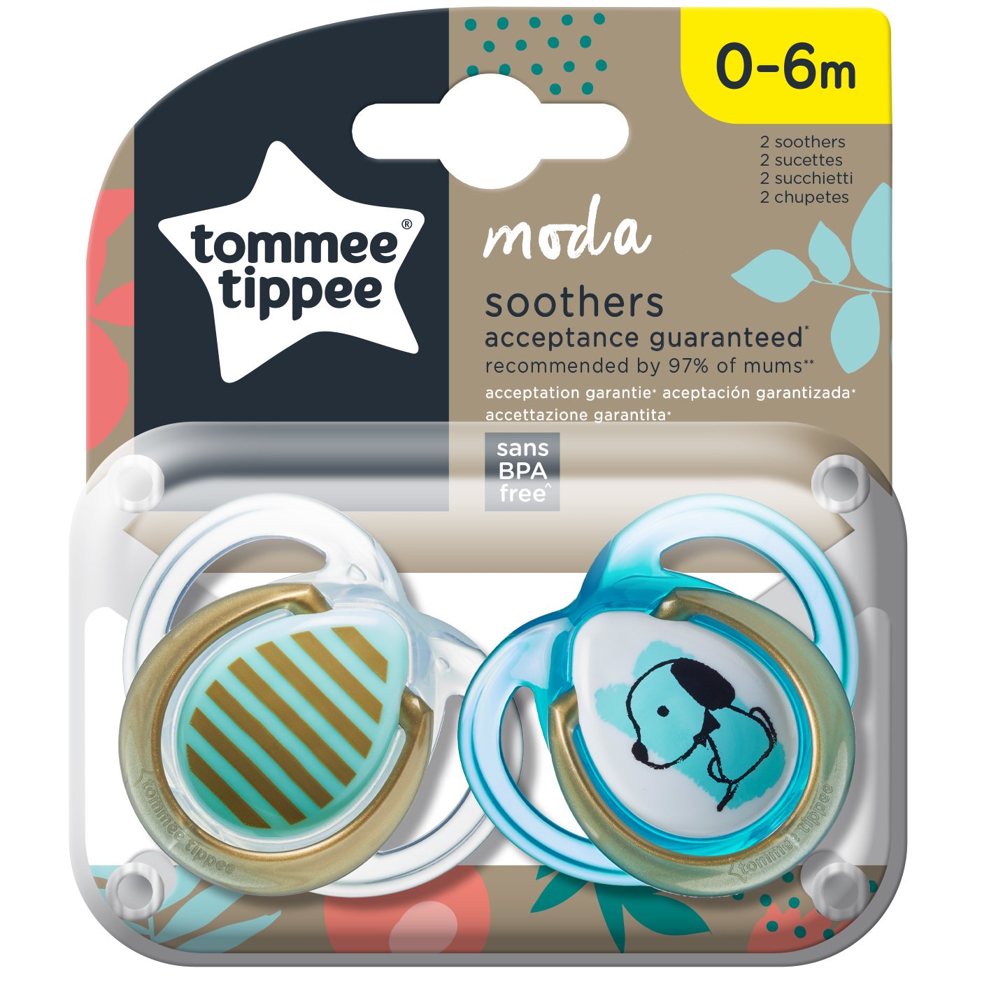 Tommee Tippee Moda Soothers Κωδ 433488 Ορθοδοντική Πιπίλα Σιλικόνης με Σχέδιο 0-6m Γαλάζιο 2 Τεμάχια